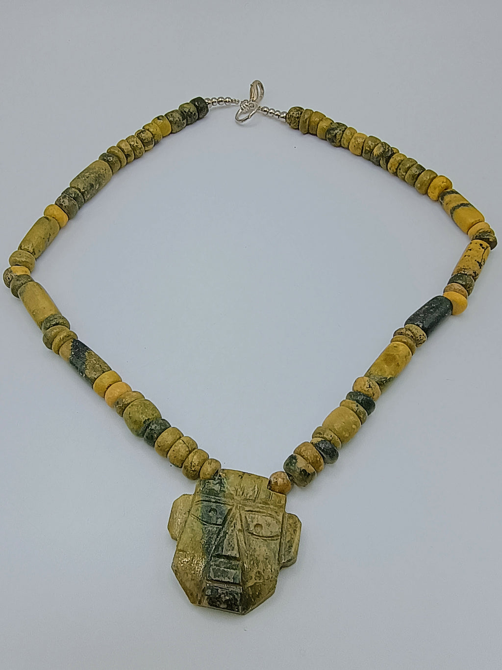 Handmade Natural Serpentine Stone Necklace with Andean Inca Face Pendant