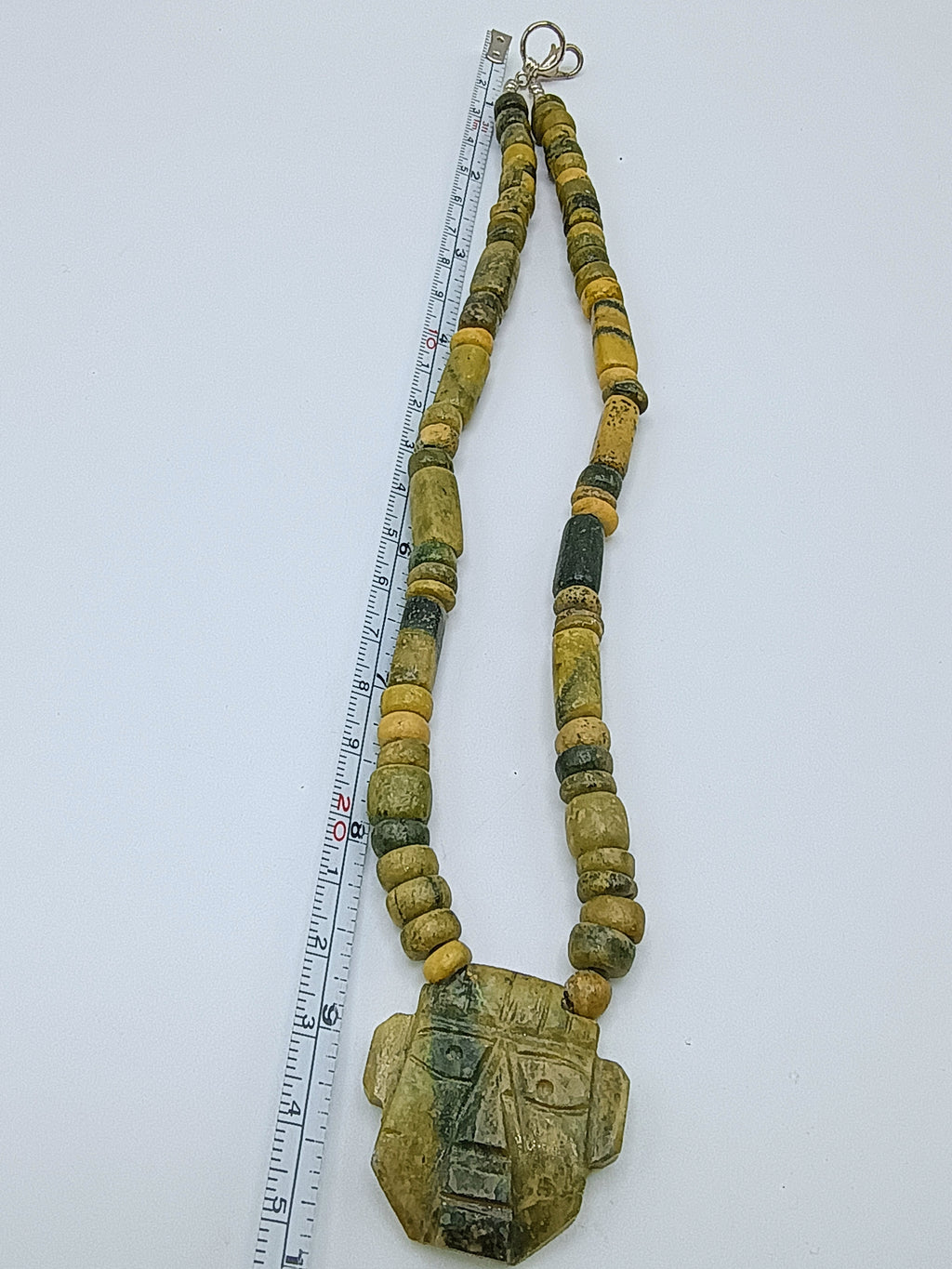 Handmade Natural Serpentine Stone Necklace with Andean Inca Face Pendant