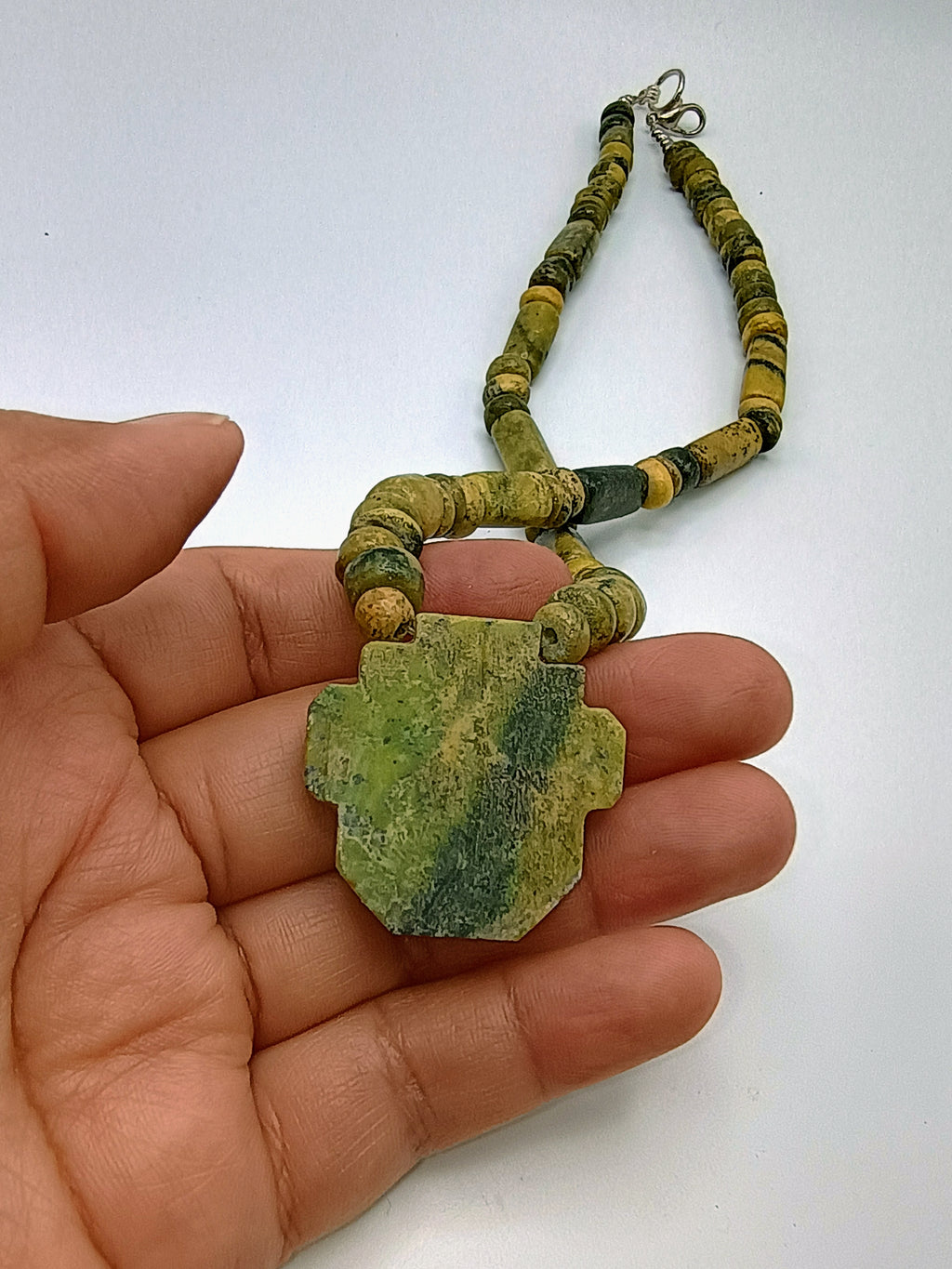 Handmade Natural Serpentine Stone Necklace with Andean Inca Face Pendant