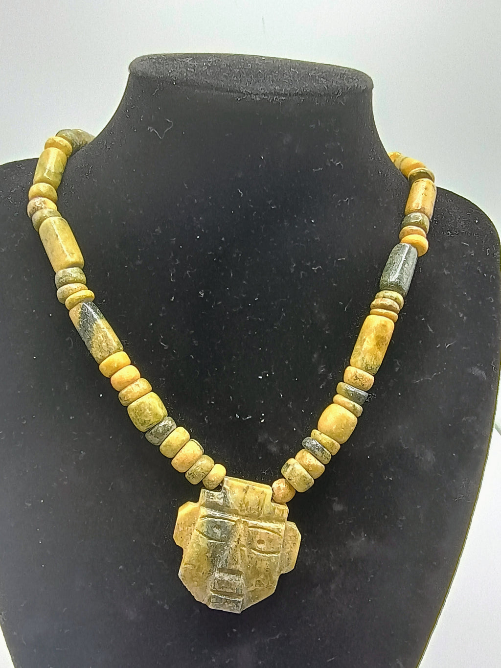 Handmade Natural Serpentine Stone Necklace with Andean Inca Face Pendant