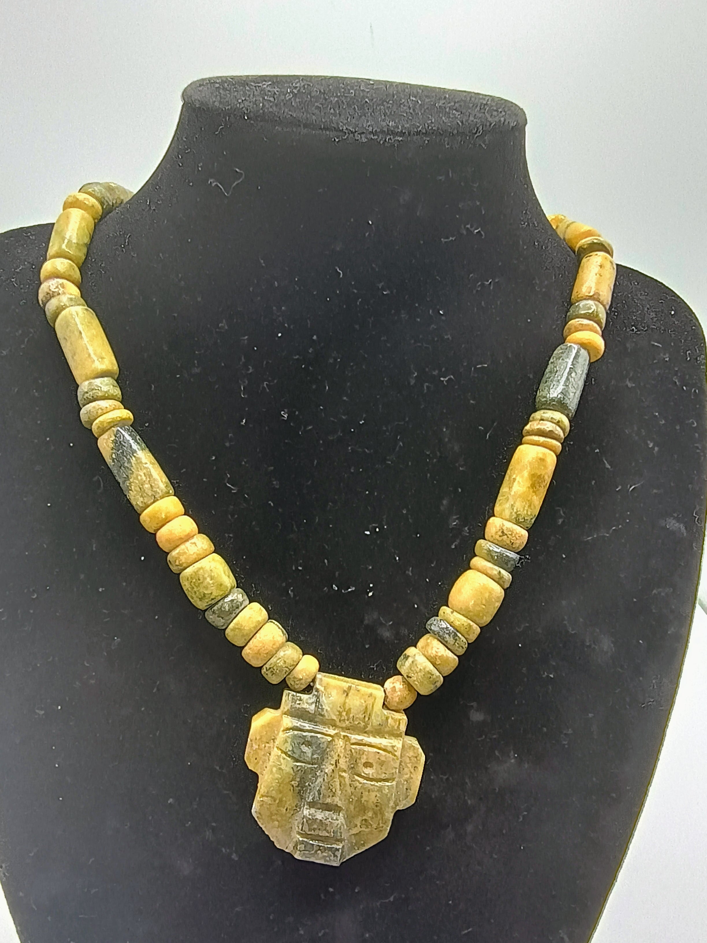 Handmade Natural Serpentine Stone Necklace with Andean Inca Face Pendant