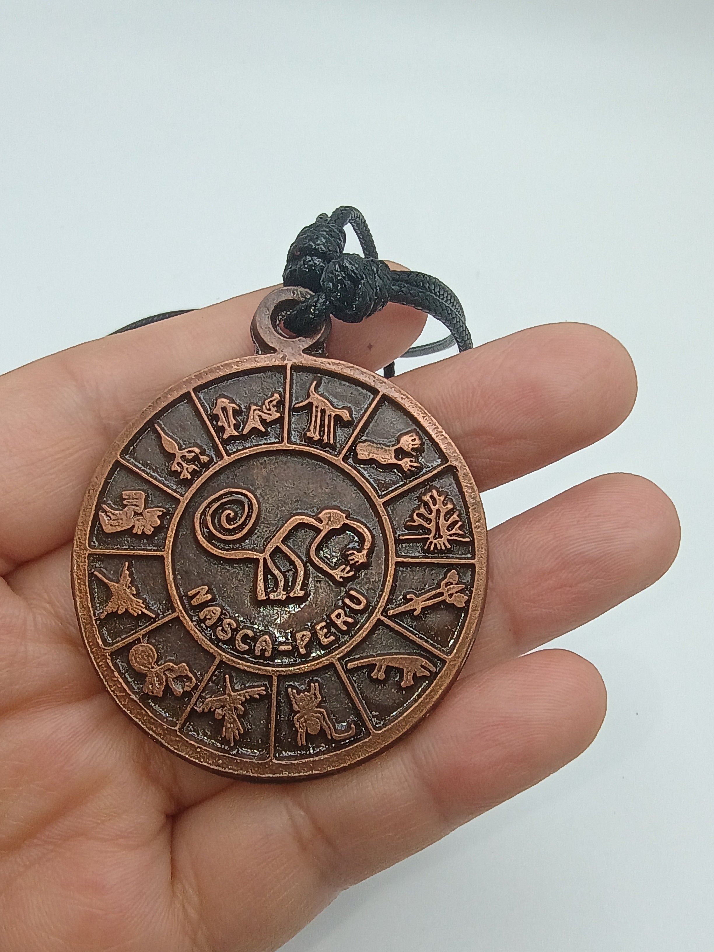 Nazca Lines Pendant Necklace, Copper, Handmade Peruvian Art, Adjustable Cord