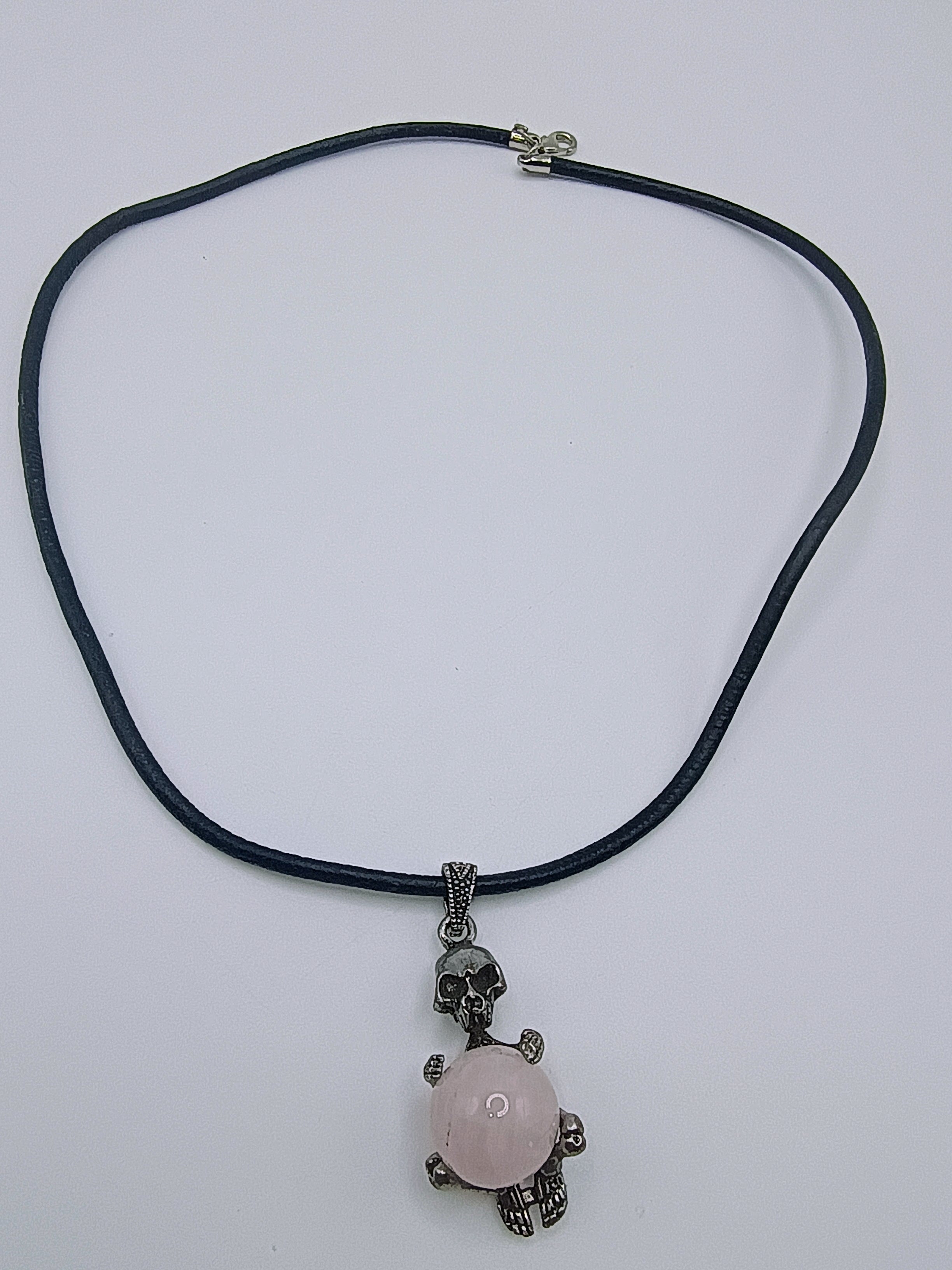 Handmade Rose Quartz Skull Necklace, Adjustable Artisan Jewelry