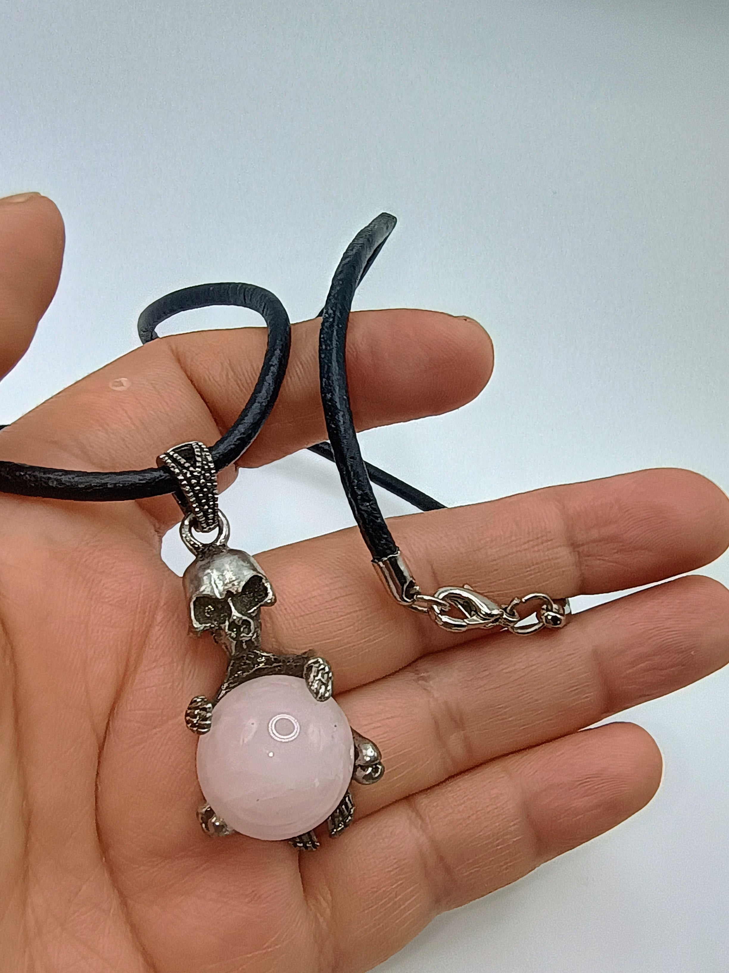 Handmade Rose Quartz Skull Necklace, Adjustable Artisan Jewelry