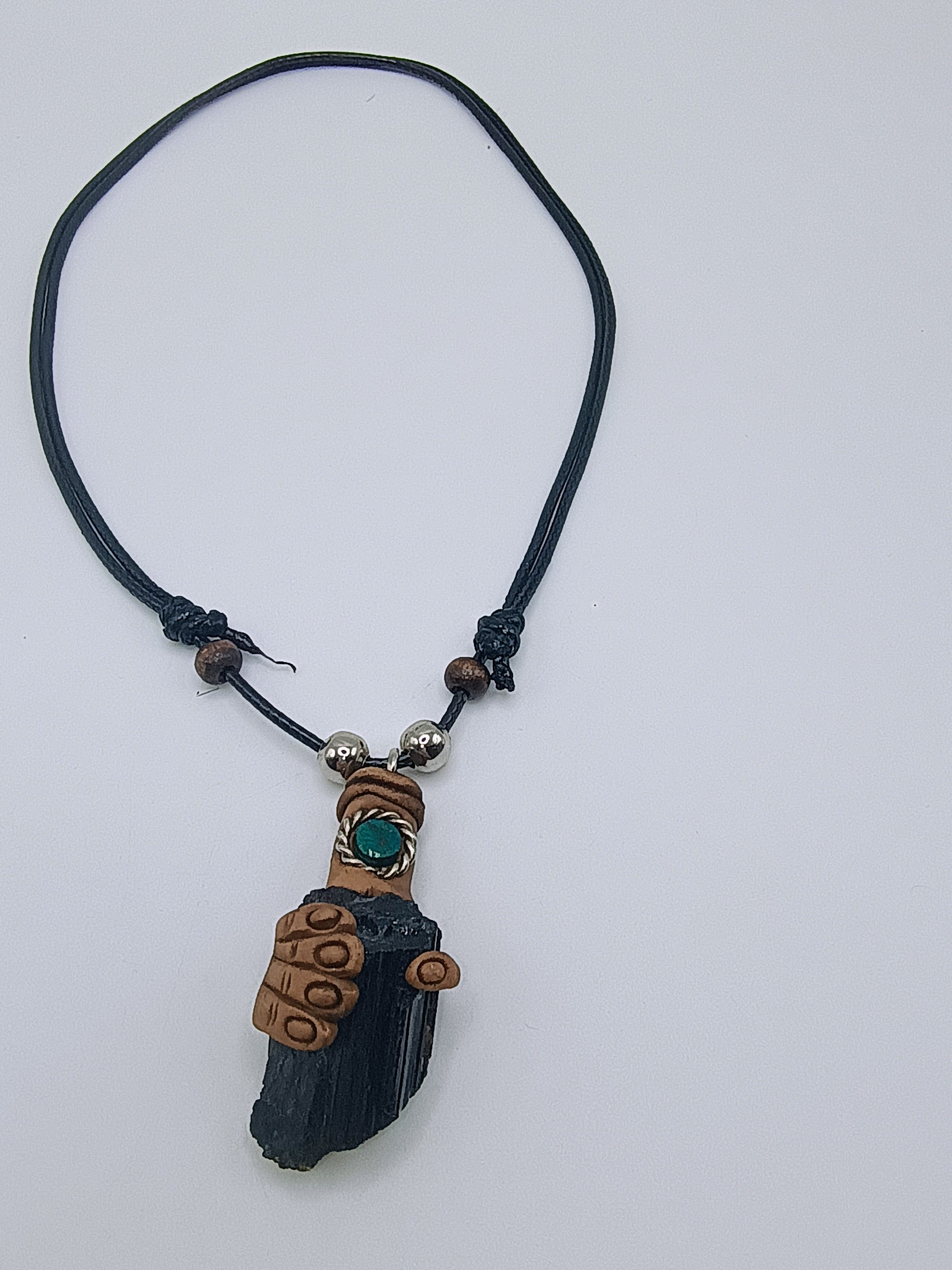 Handmade Black Onyx Necklace, Power Hand Shaman Pendant