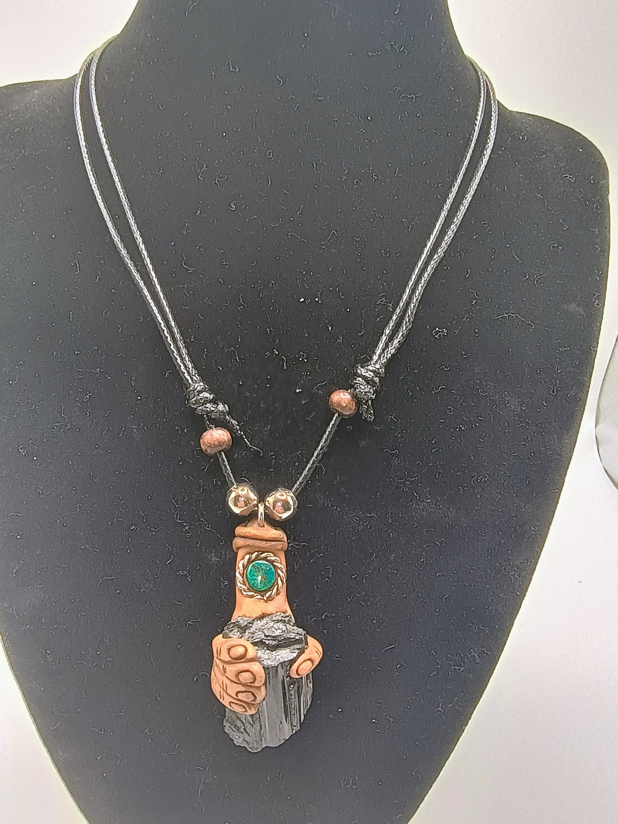 Handmade Black Onyx Necklace, Power Hand Shaman Pendant