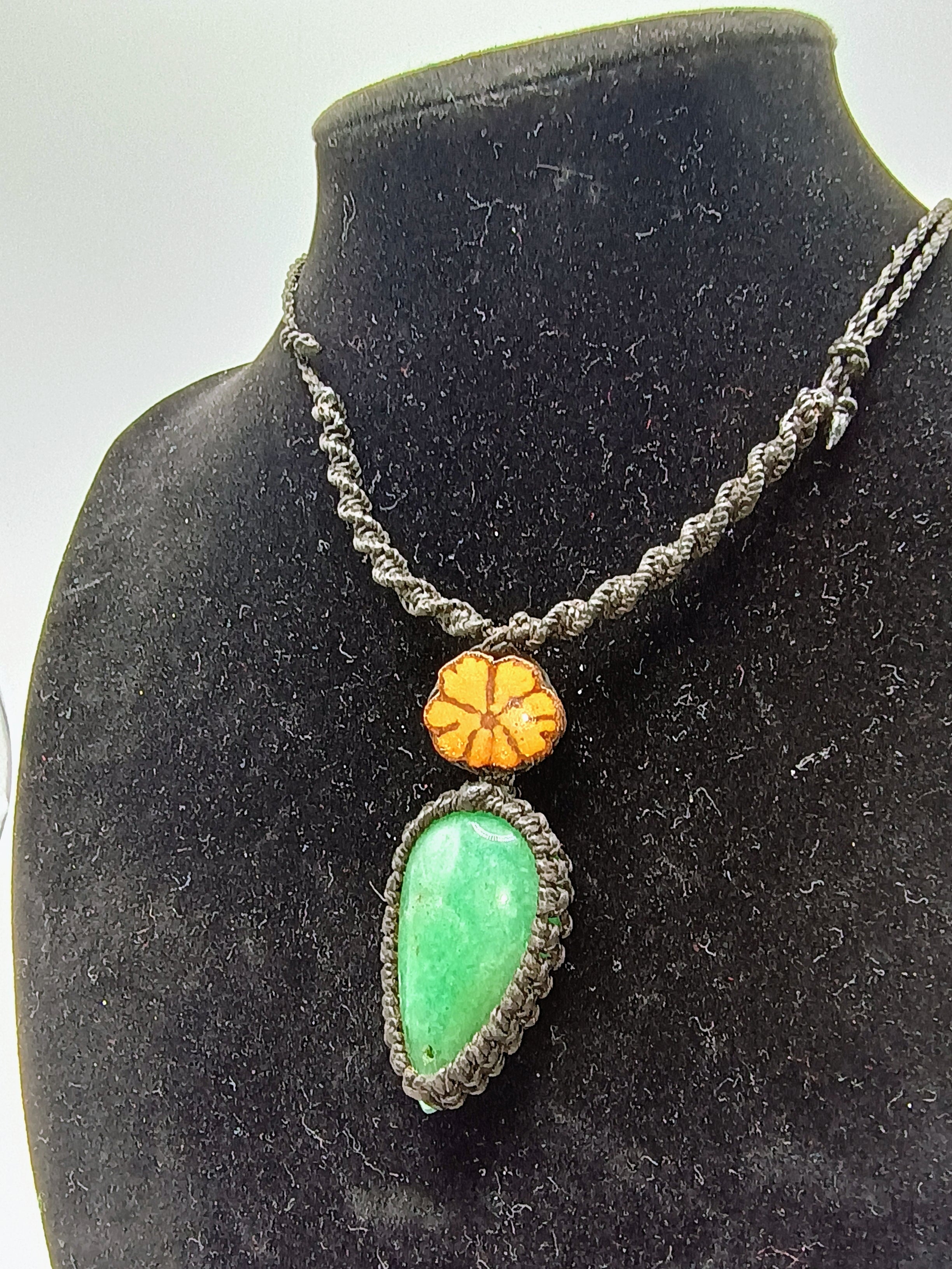 Handmade Macrame Necklace with Serpentine Flower and Ayahuasca