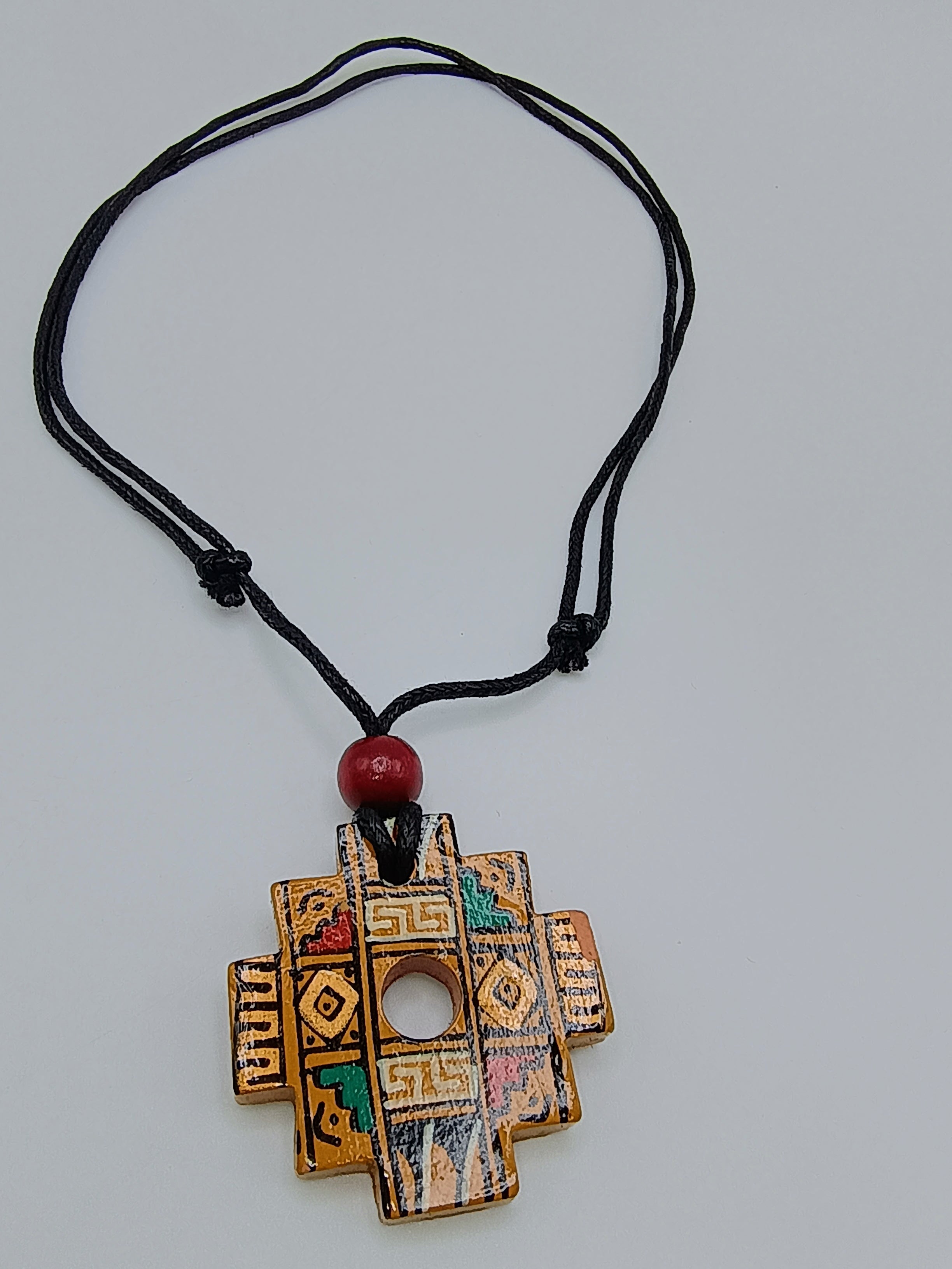 Handmade Inca Chakana Necklace, Andean Cross Pendant, Ceramic