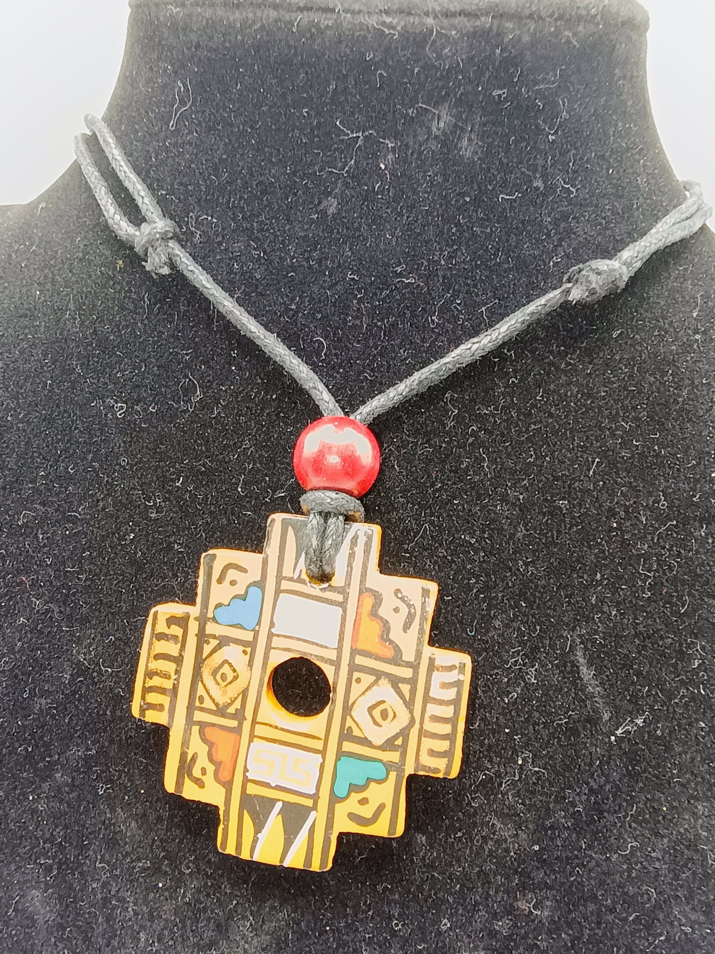 Handmade Inca Chakana Necklace, Andean Cross Pendant, Ceramic