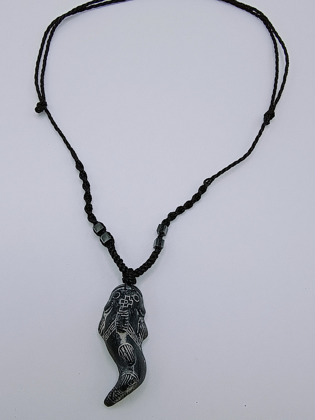 Handmade Fish Necklace, Processed Stone, Hand-Carved, Adjustable Black Cord