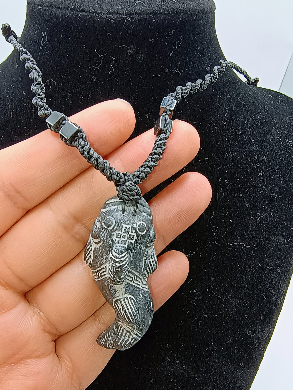 Handmade Fish Necklace, Processed Stone, Hand-Carved, Adjustable Black Cord