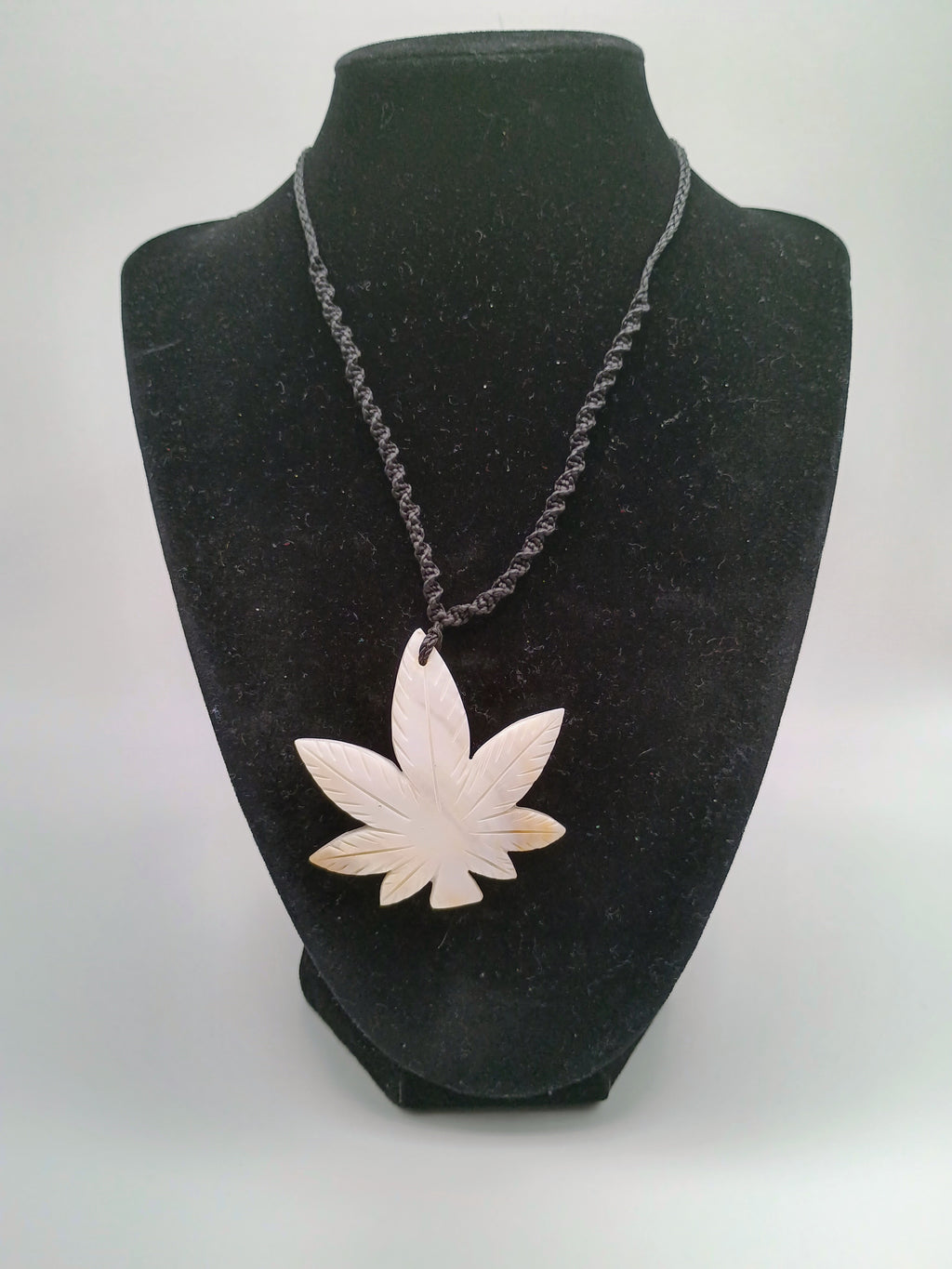 Handmade Mother-of-Pearl Coca Leaf Necklace, Carved Pendant, Macrame Thread