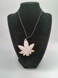 Handmade Mother-of-Pearl Coca Leaf Necklace, Carved Pendant, Macrame Thread