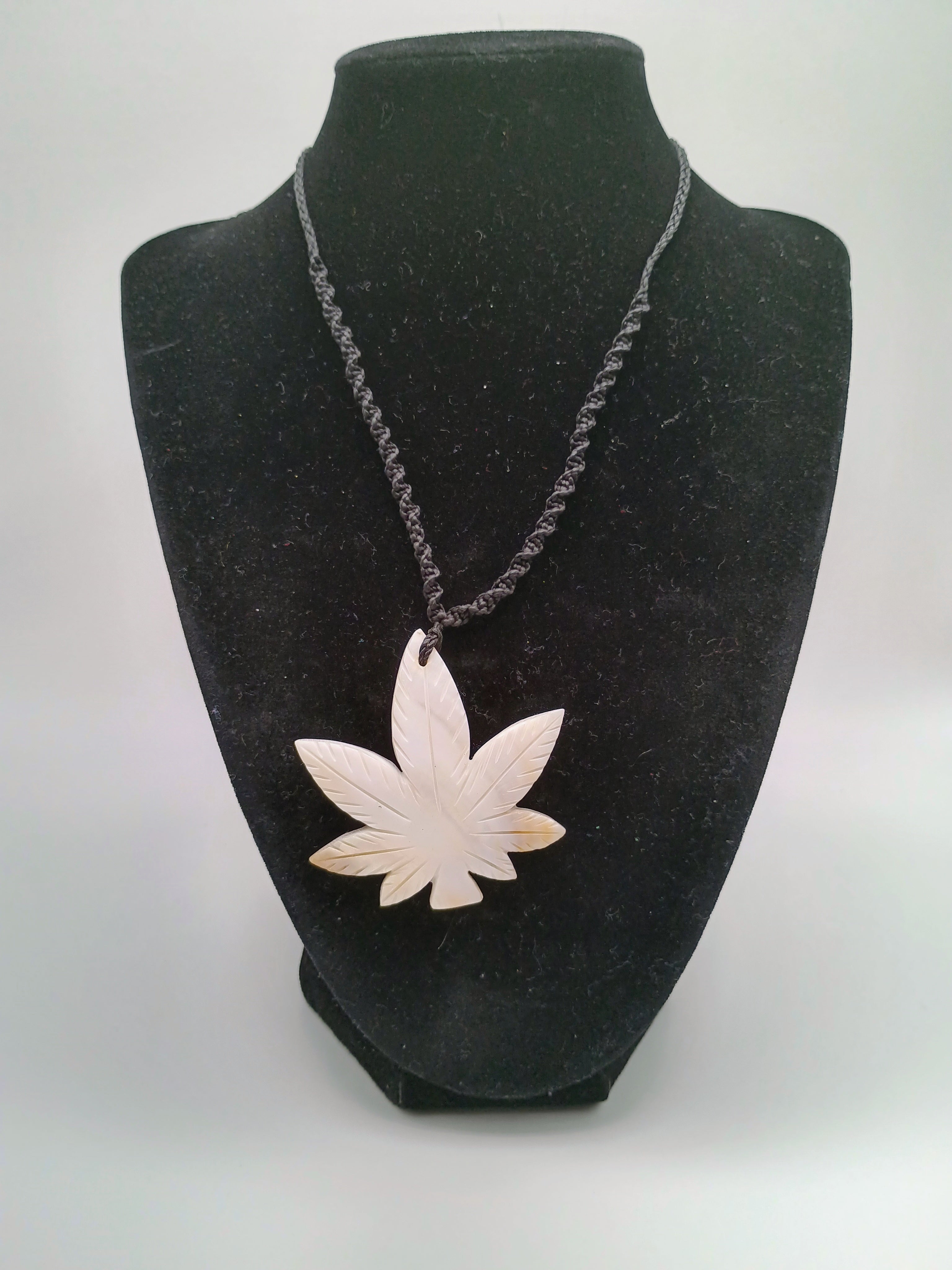 Handmade Mother-of-Pearl Coca Leaf Necklace, Carved Pendant, Macrame Thread