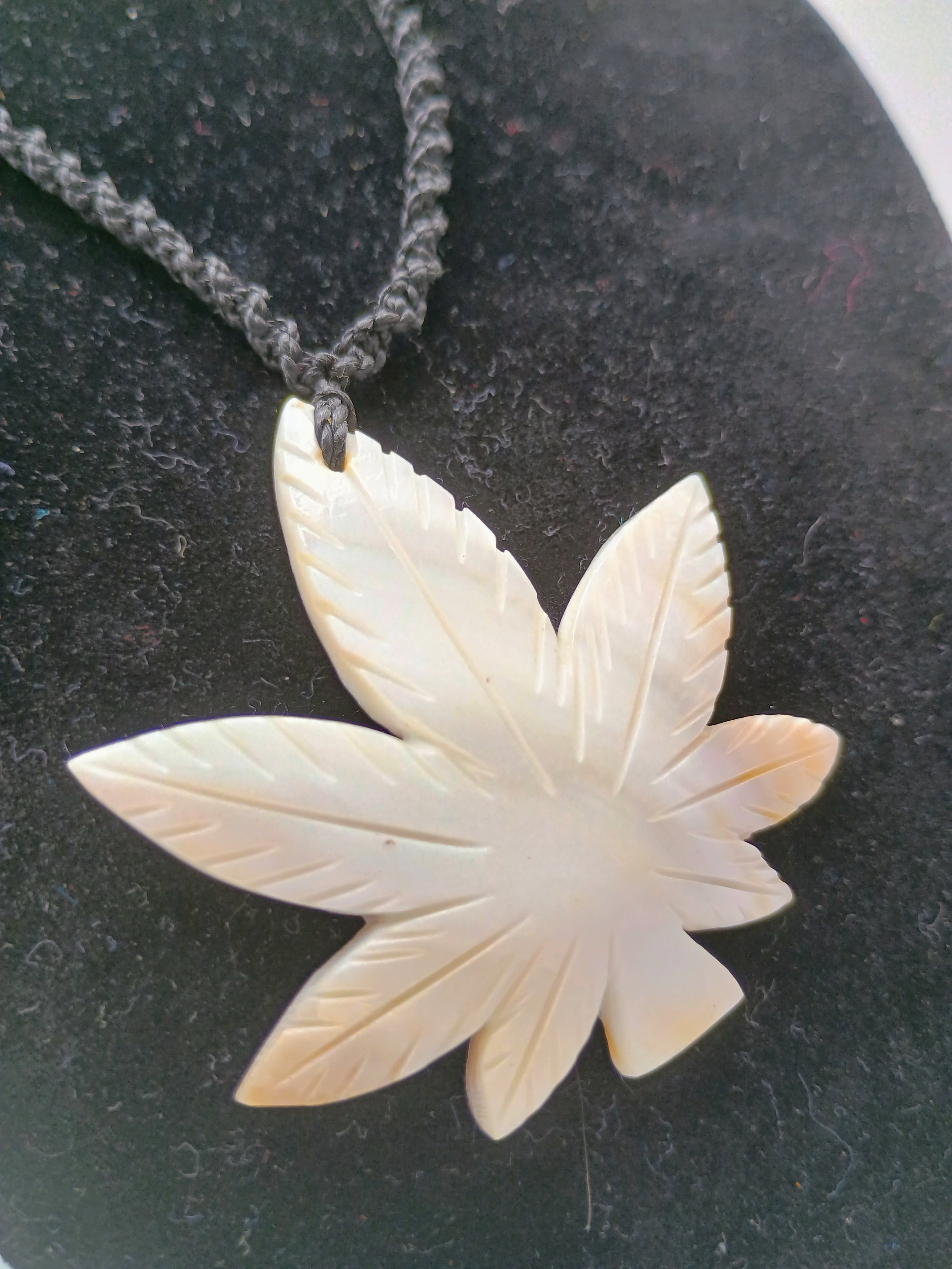 Handmade Mother-of-Pearl Coca Leaf Necklace, Carved Pendant, Macrame Thread
