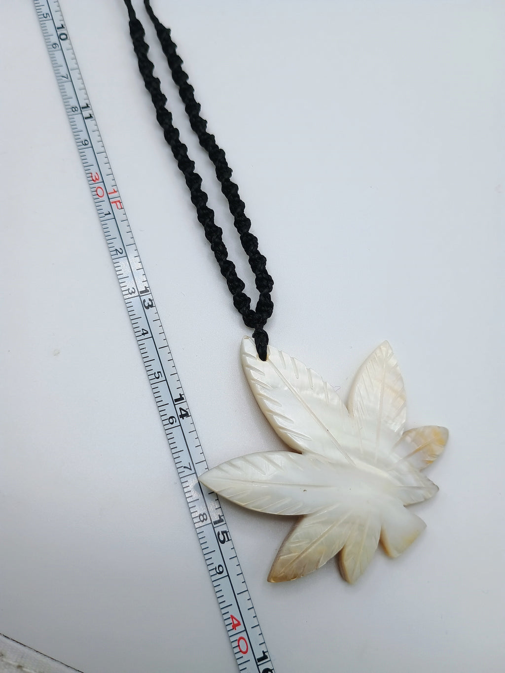 Handmade Mother-of-Pearl Coca Leaf Necklace, Carved Pendant, Macrame Thread