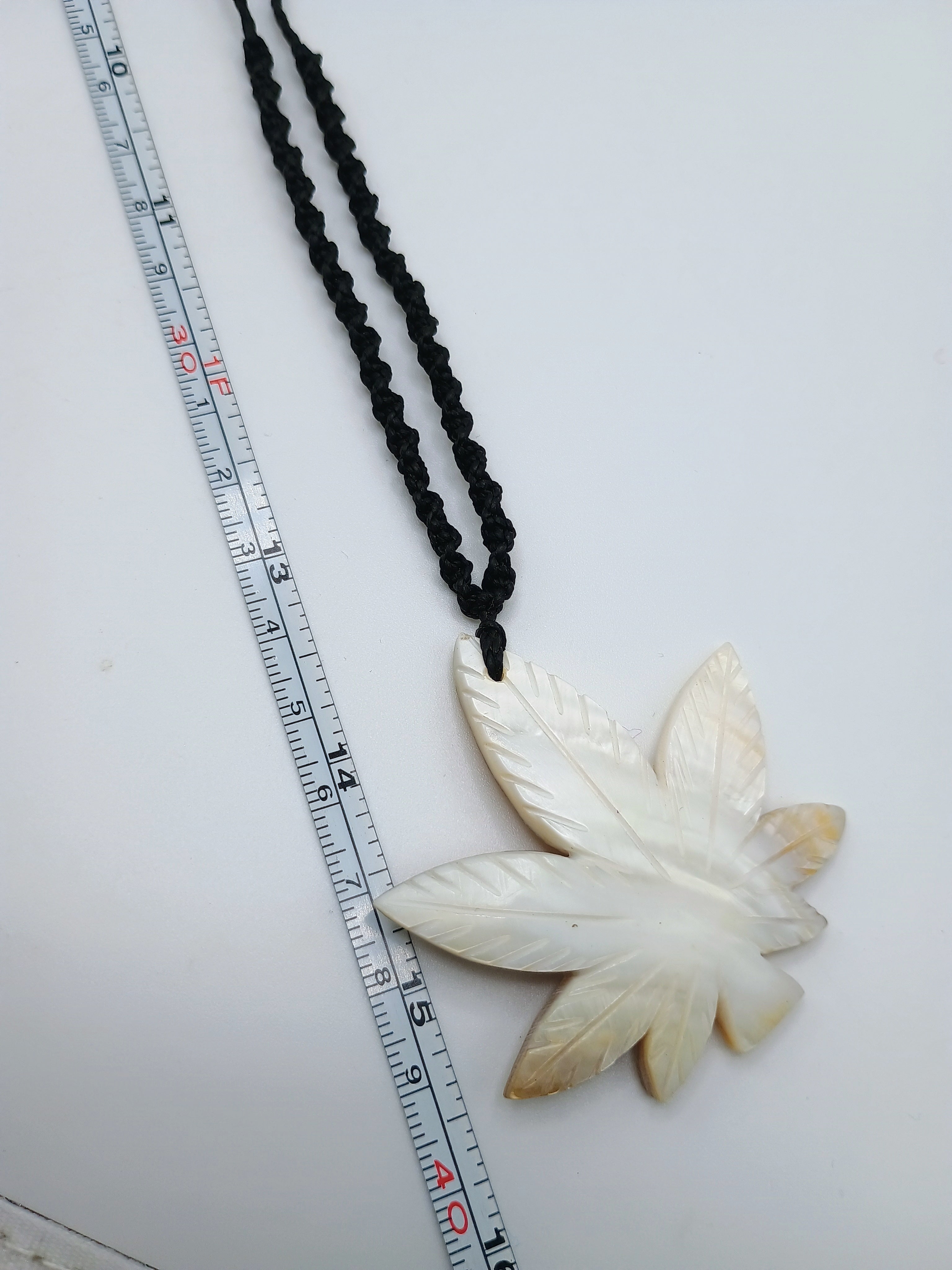 Handmade Mother-of-Pearl Coca Leaf Necklace, Carved Pendant, Macrame Thread