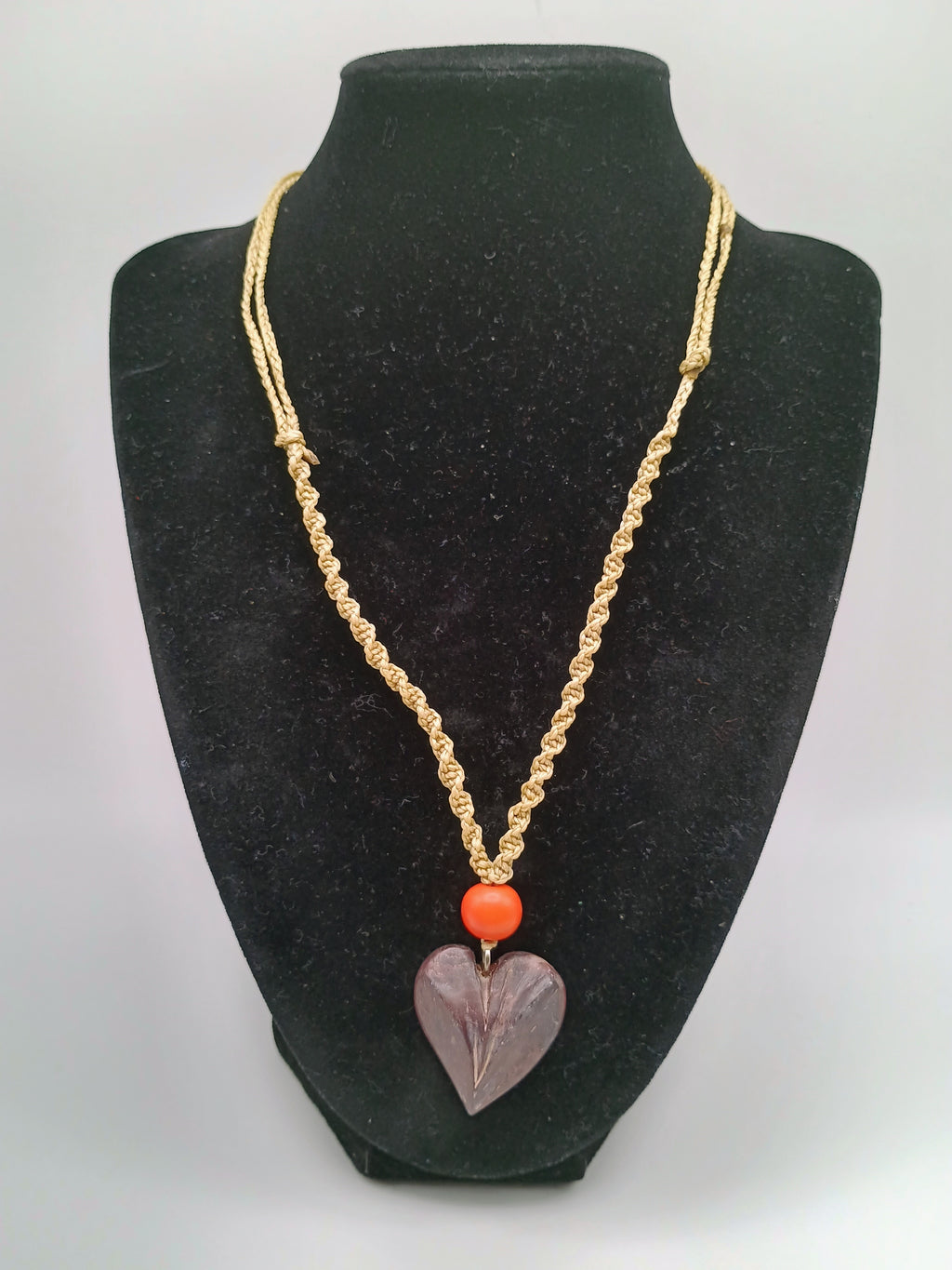 Handmade Heart Stone Necklace with Braided Cord Pendant