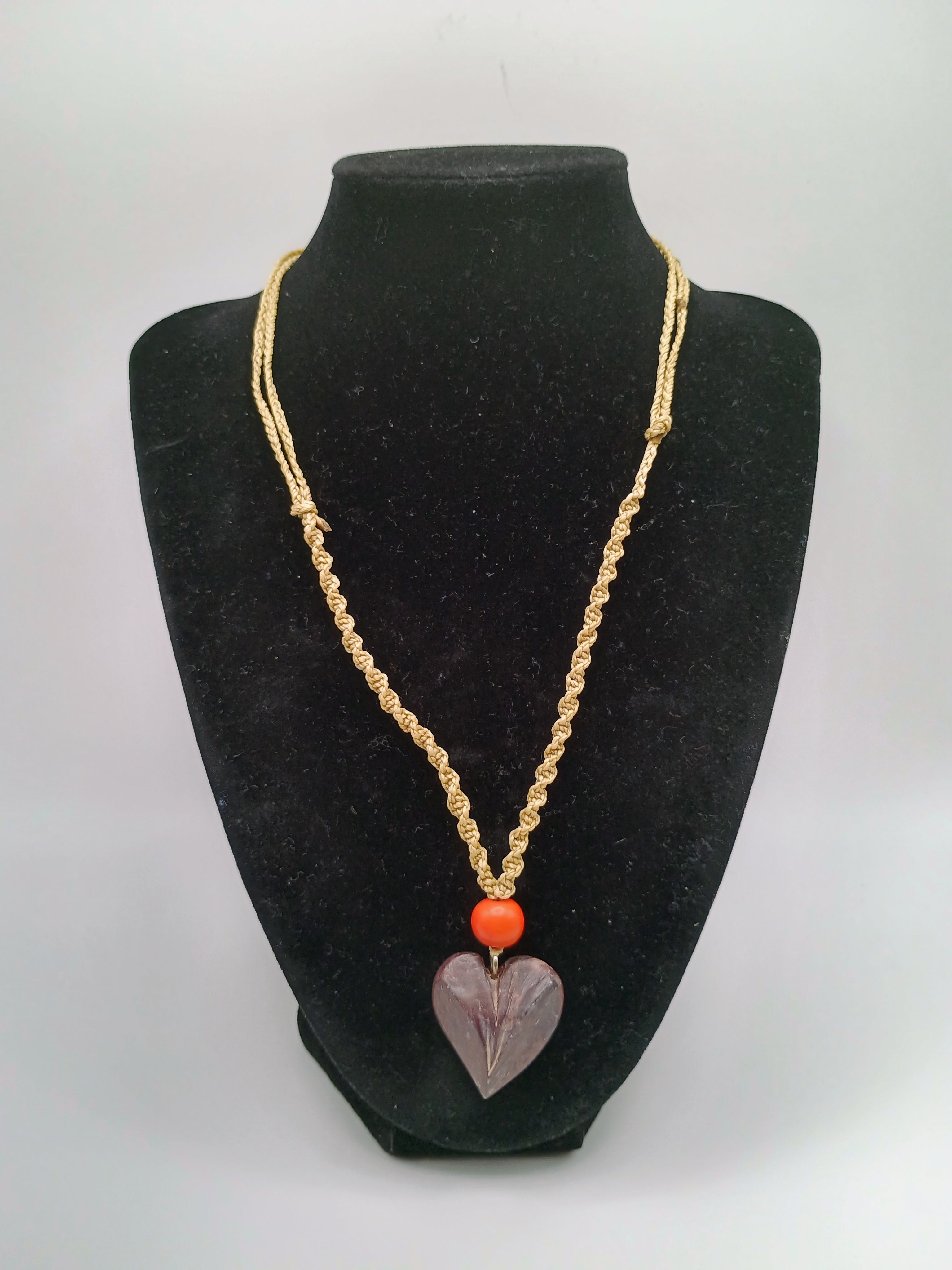 Handmade Heart Stone Necklace with Braided Cord Pendant