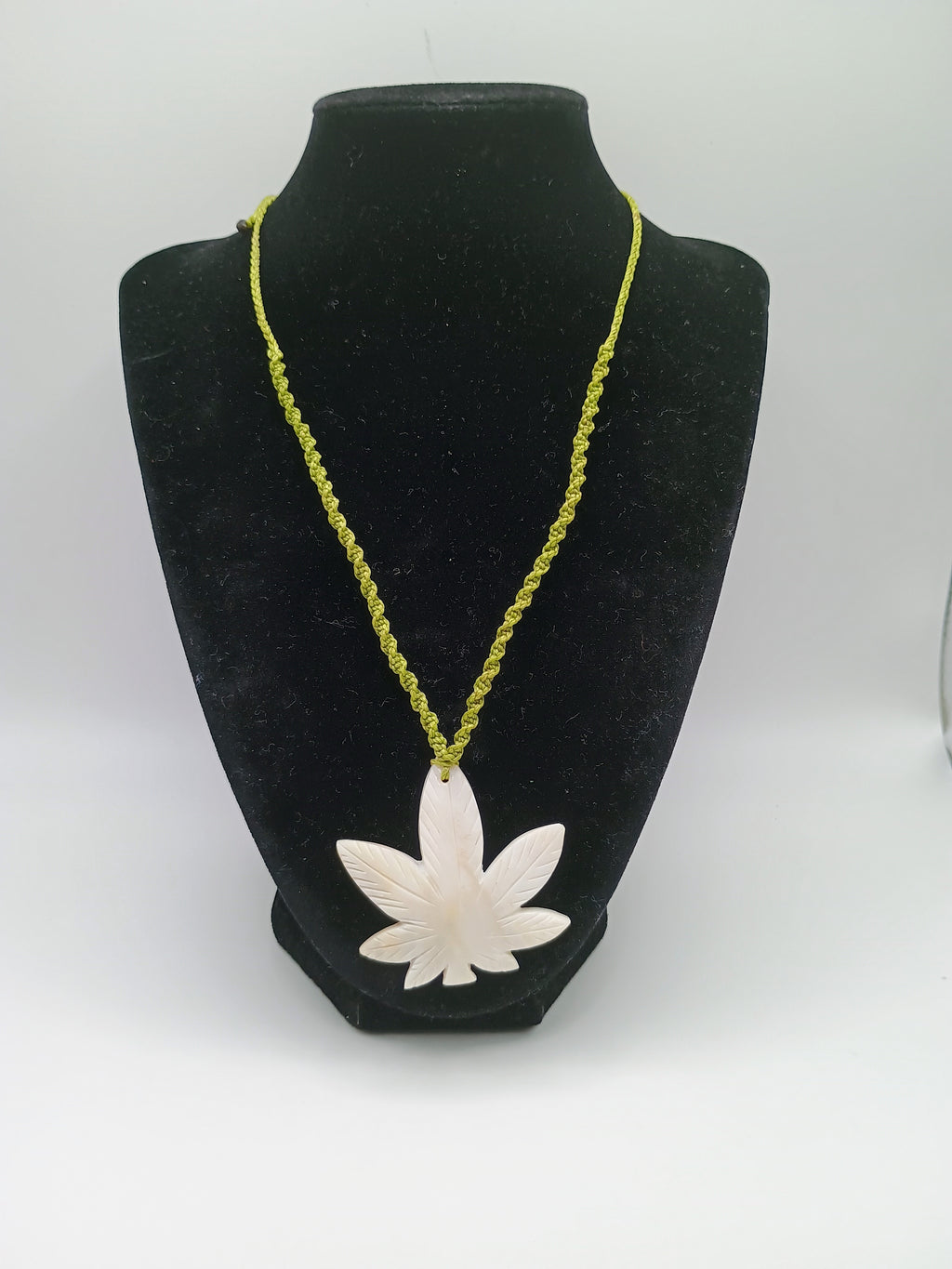 Coca Leaf Necklace, Mother-of-Pearl, Handmade, Carved Pendant, Peruvian Handicra