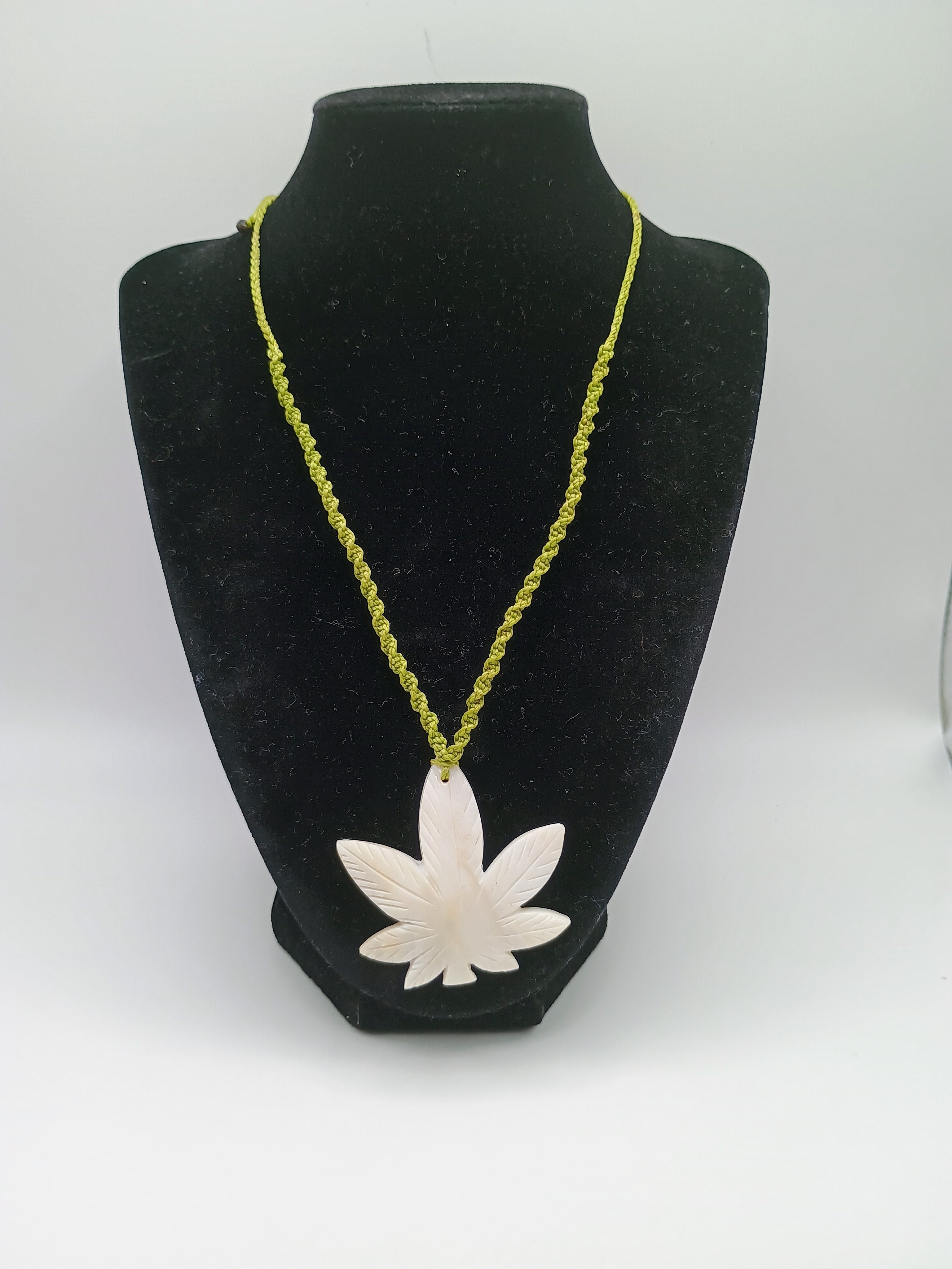 Coca Leaf Necklace, Mother-of-Pearl, Handmade, Carved Pendant, Peruvian Handicra