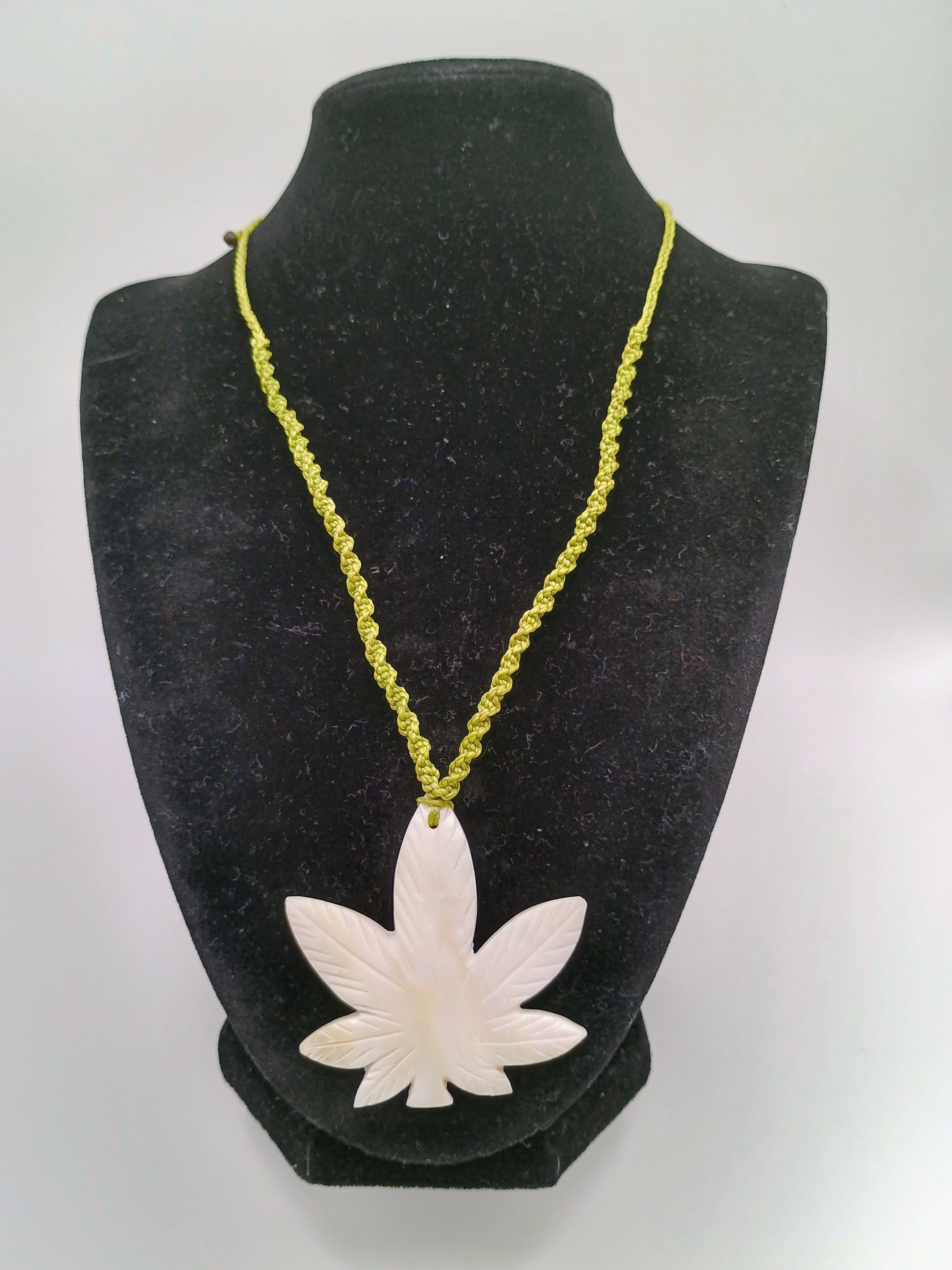 Coca Leaf Necklace, Mother-of-Pearl, Handmade, Carved Pendant, Peruvian Handicra