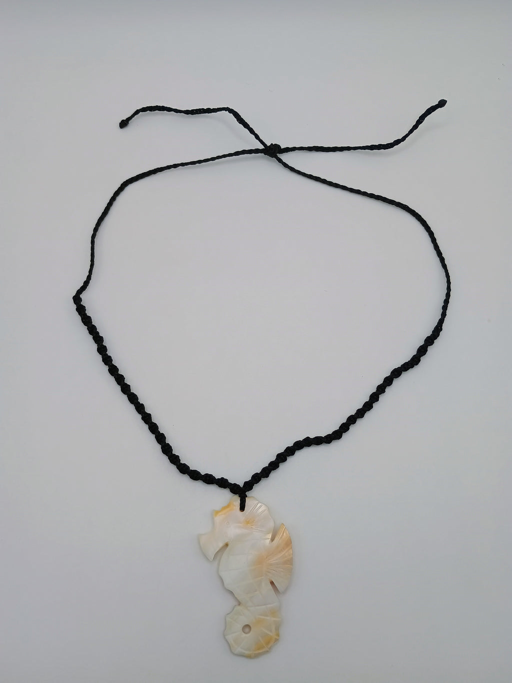 Seahorse Necklace with Mother-of-Pearl Shell, Handmade Woven Macrame Thread
