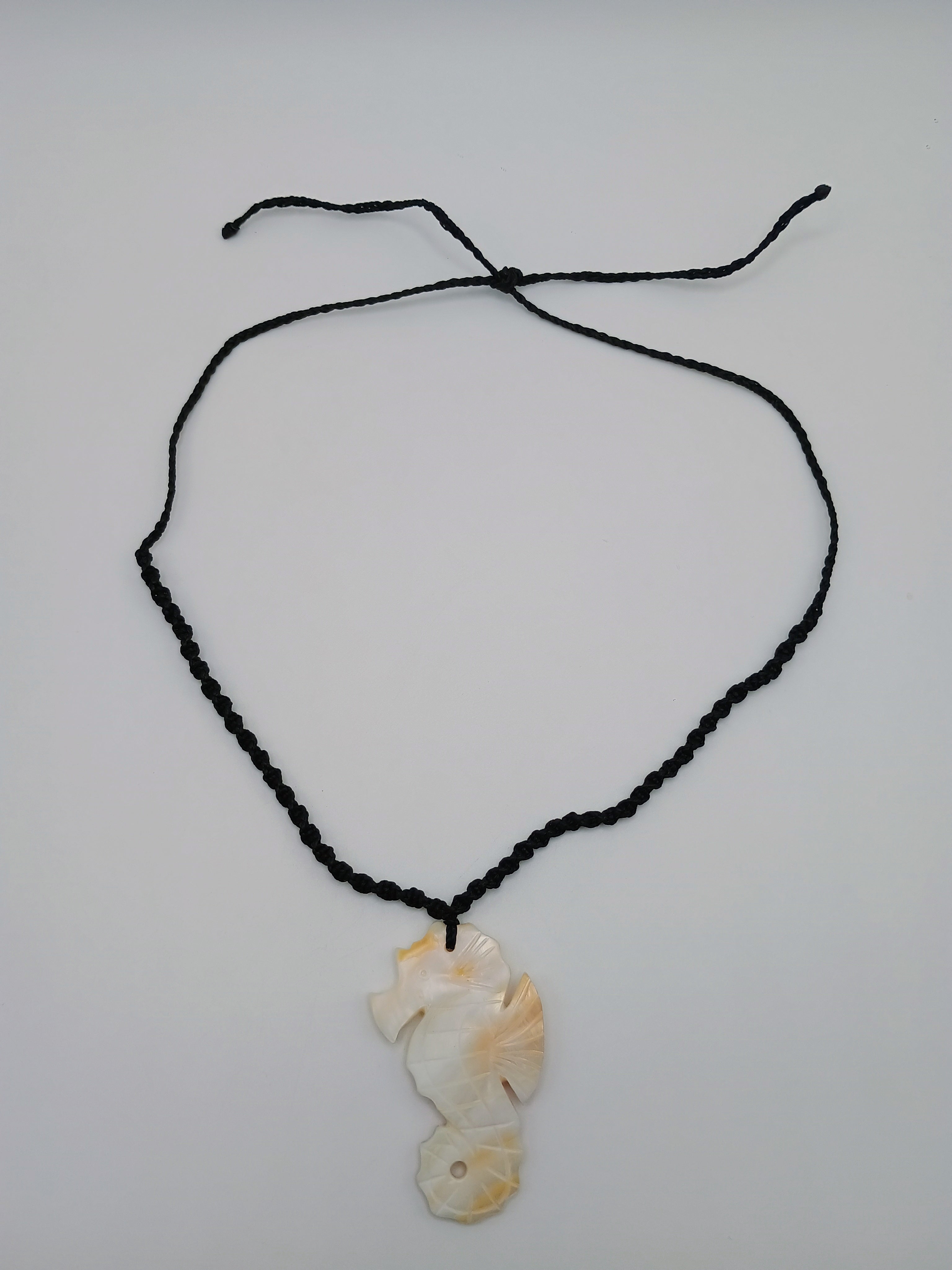 Seahorse Necklace with Mother-of-Pearl Shell, Handmade Woven Macrame Thread