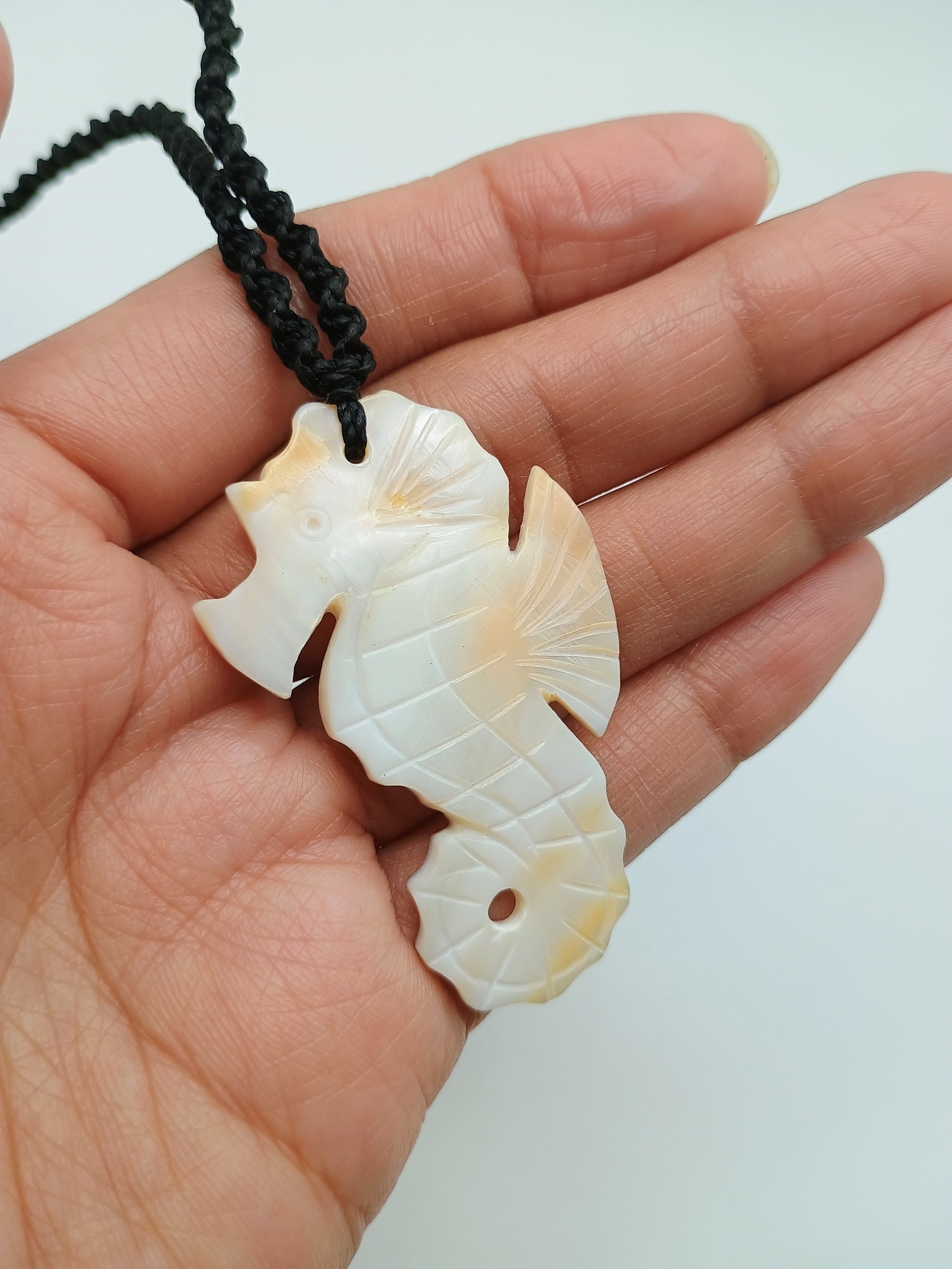 Seahorse Necklace with Mother-of-Pearl Shell, Handmade Woven Macrame Thread
