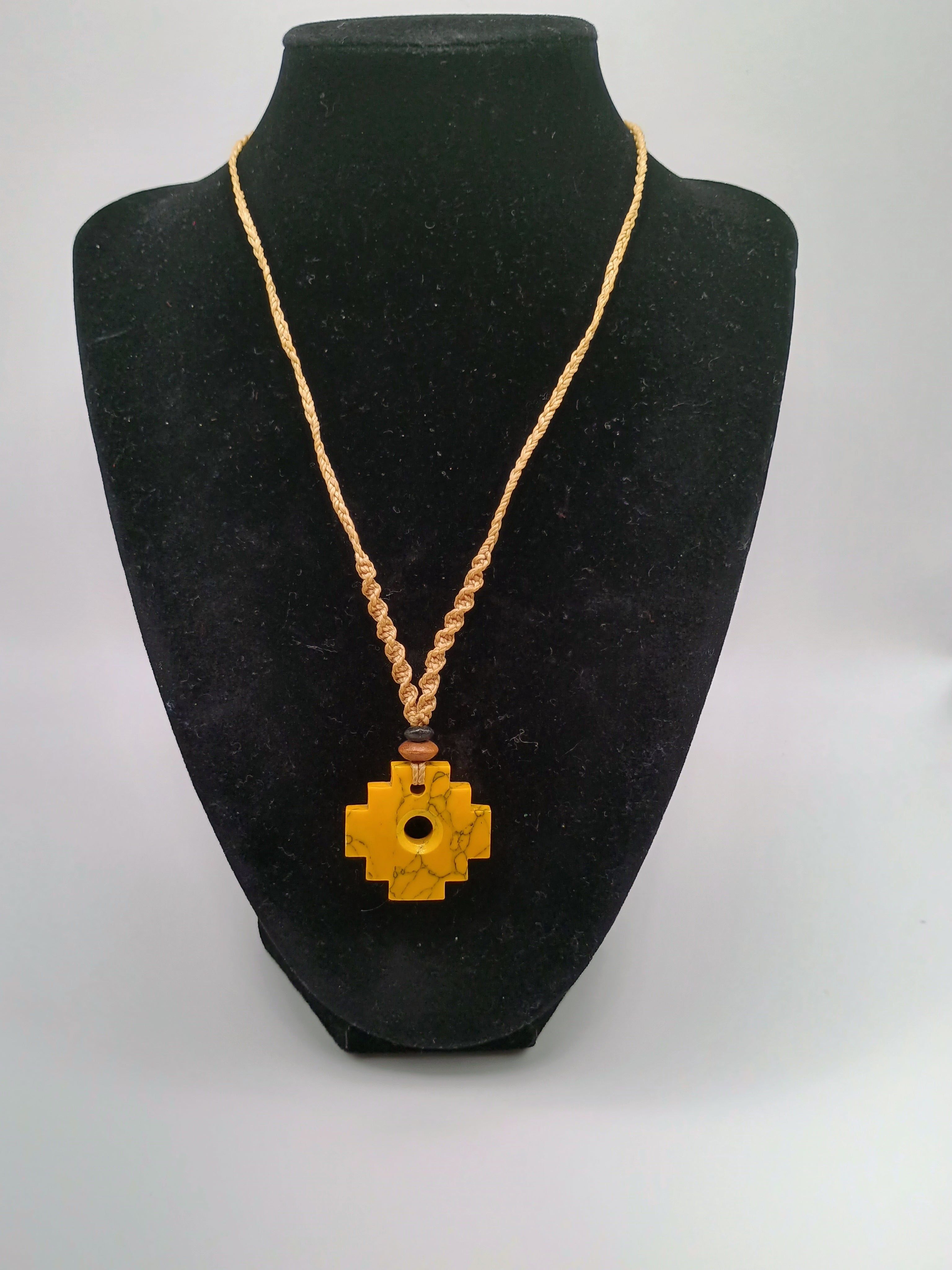 Inca Chakana Necklace with Natural Stone, Handwoven Macrame