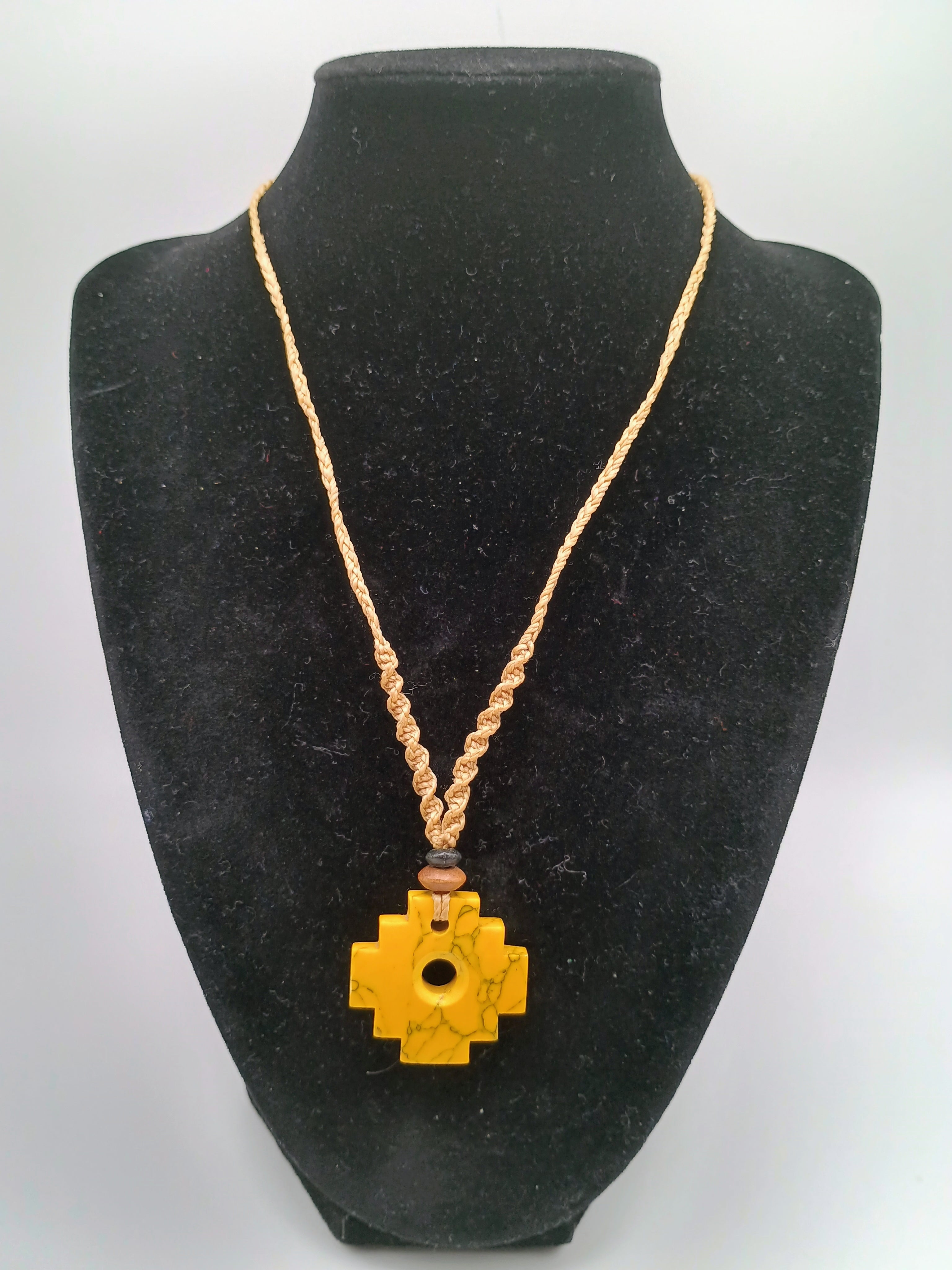 Inca Chakana Necklace with Natural Stone, Handwoven Macrame
