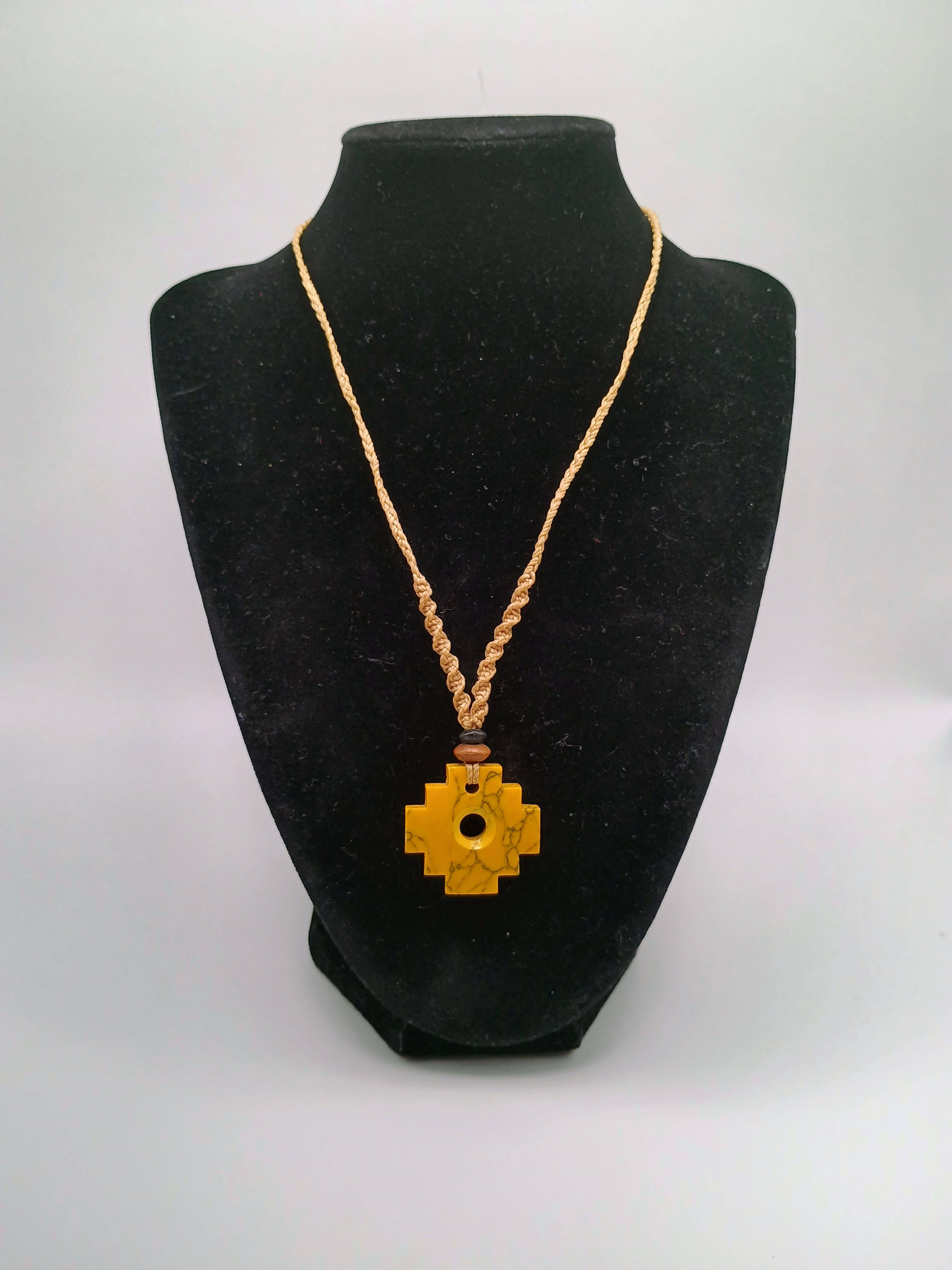 Inca Chakana Necklace with Natural Stone, Handwoven Macrame