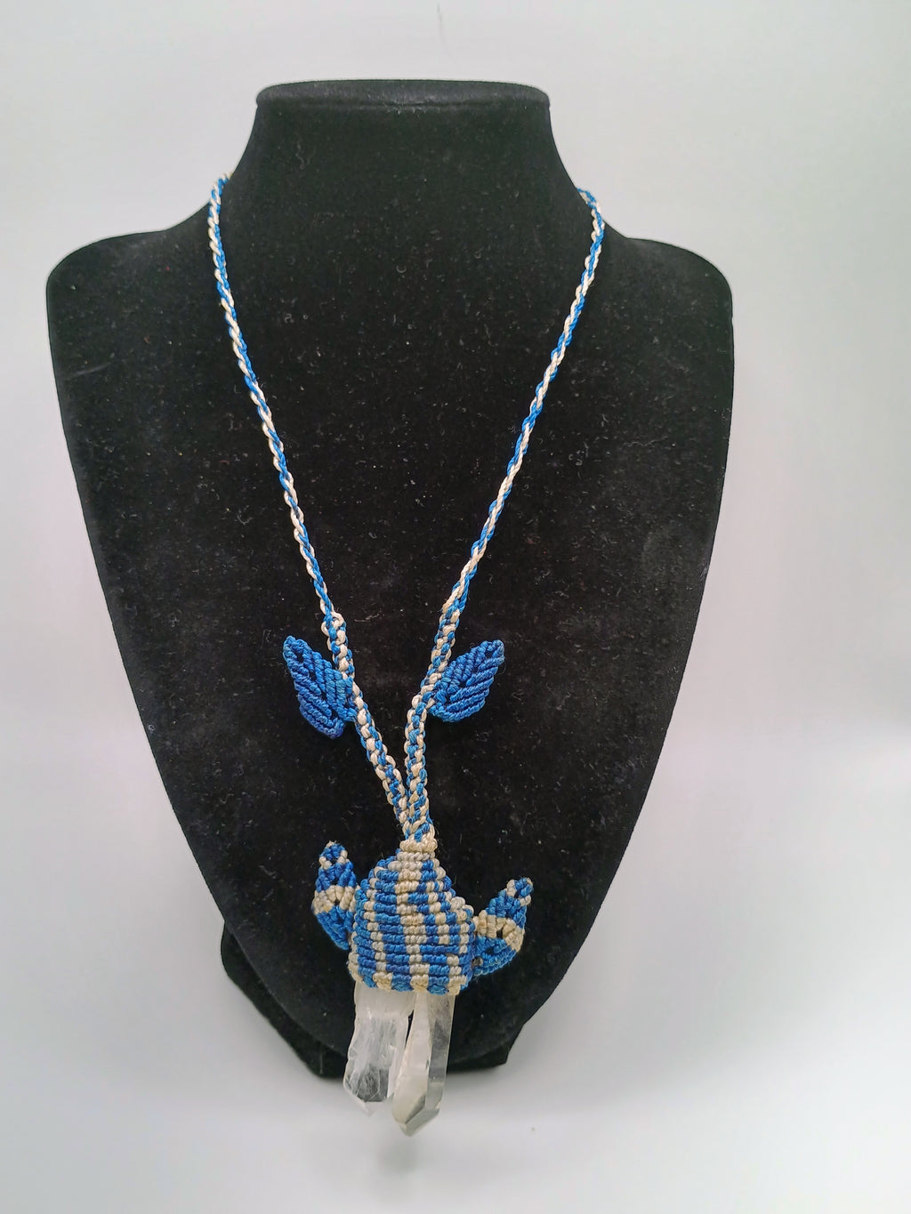 Handmade Macrame Necklace with Natural Quartz Crystal Pendant and Blue Woven Thread
