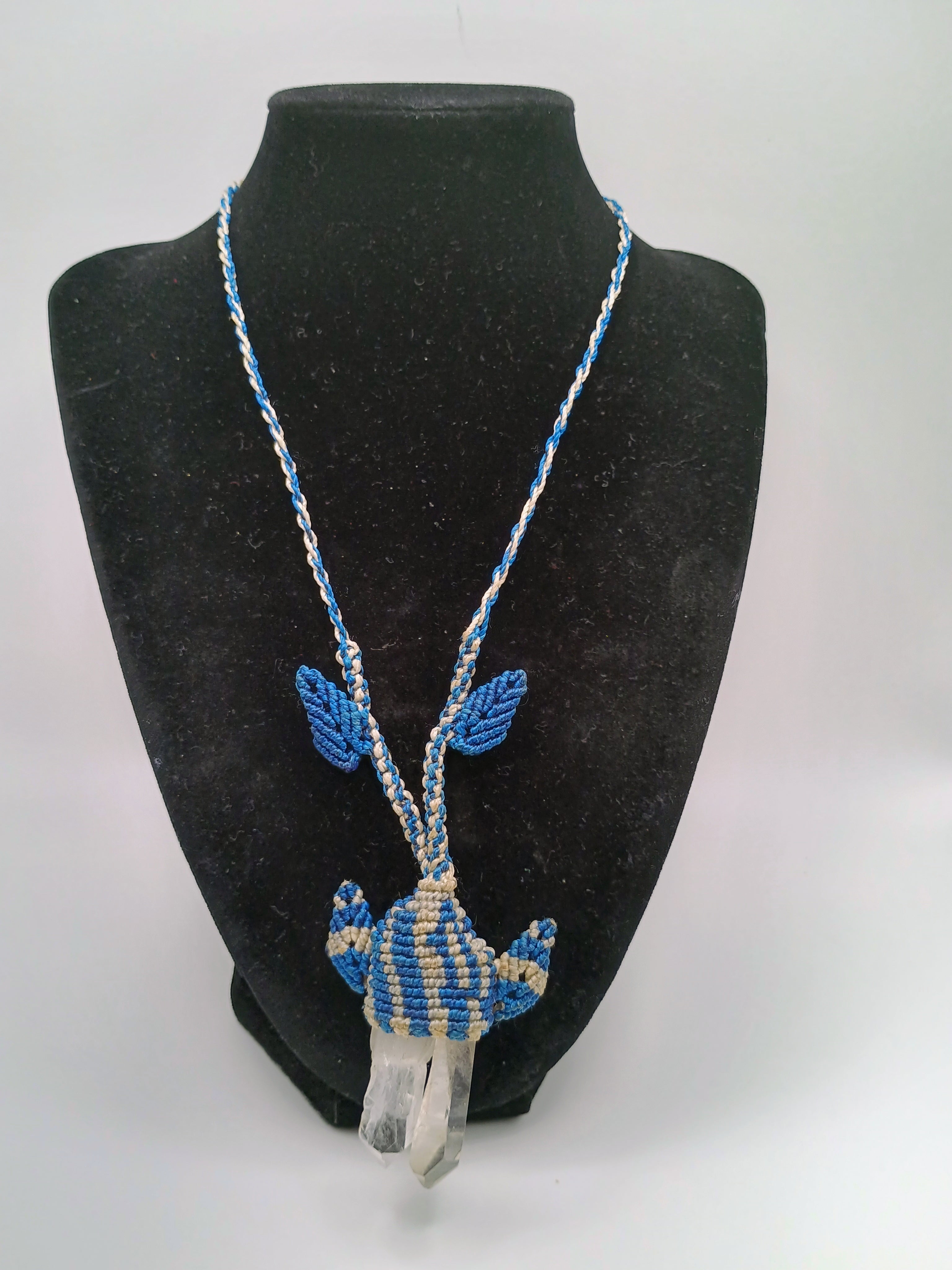 Handmade Macrame Necklace with Natural Quartz Crystal Pendant and Blue Woven Thread