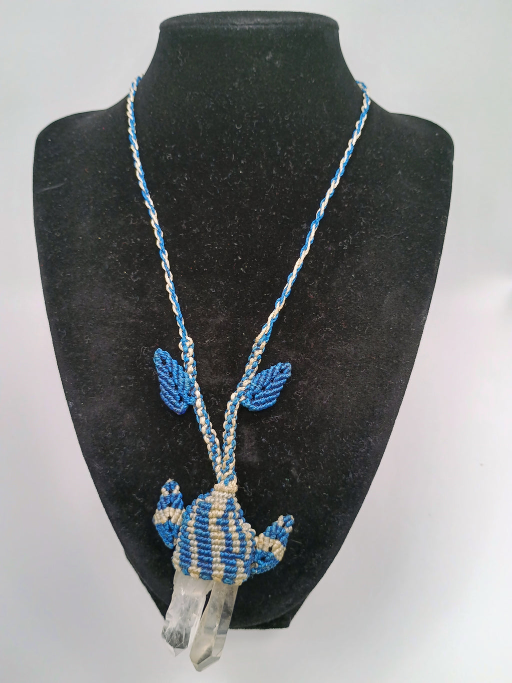 Handmade Macrame Necklace with Natural Quartz Crystal Pendant and Blue Woven Thread