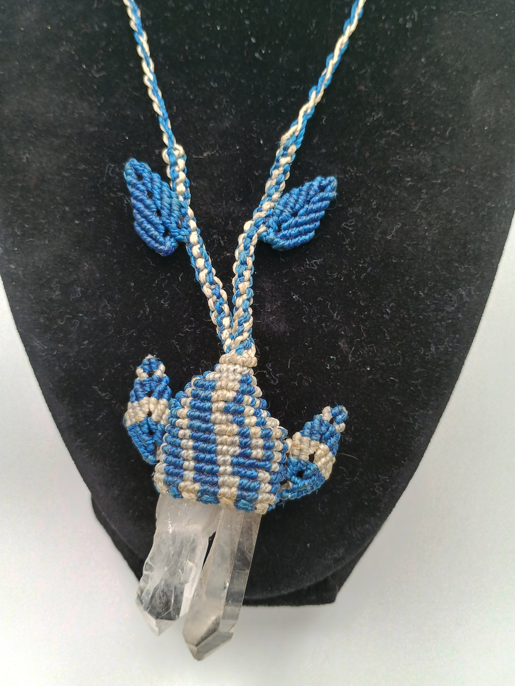Handmade Macrame Necklace with Natural Quartz Crystal Pendant and Blue Woven Thread