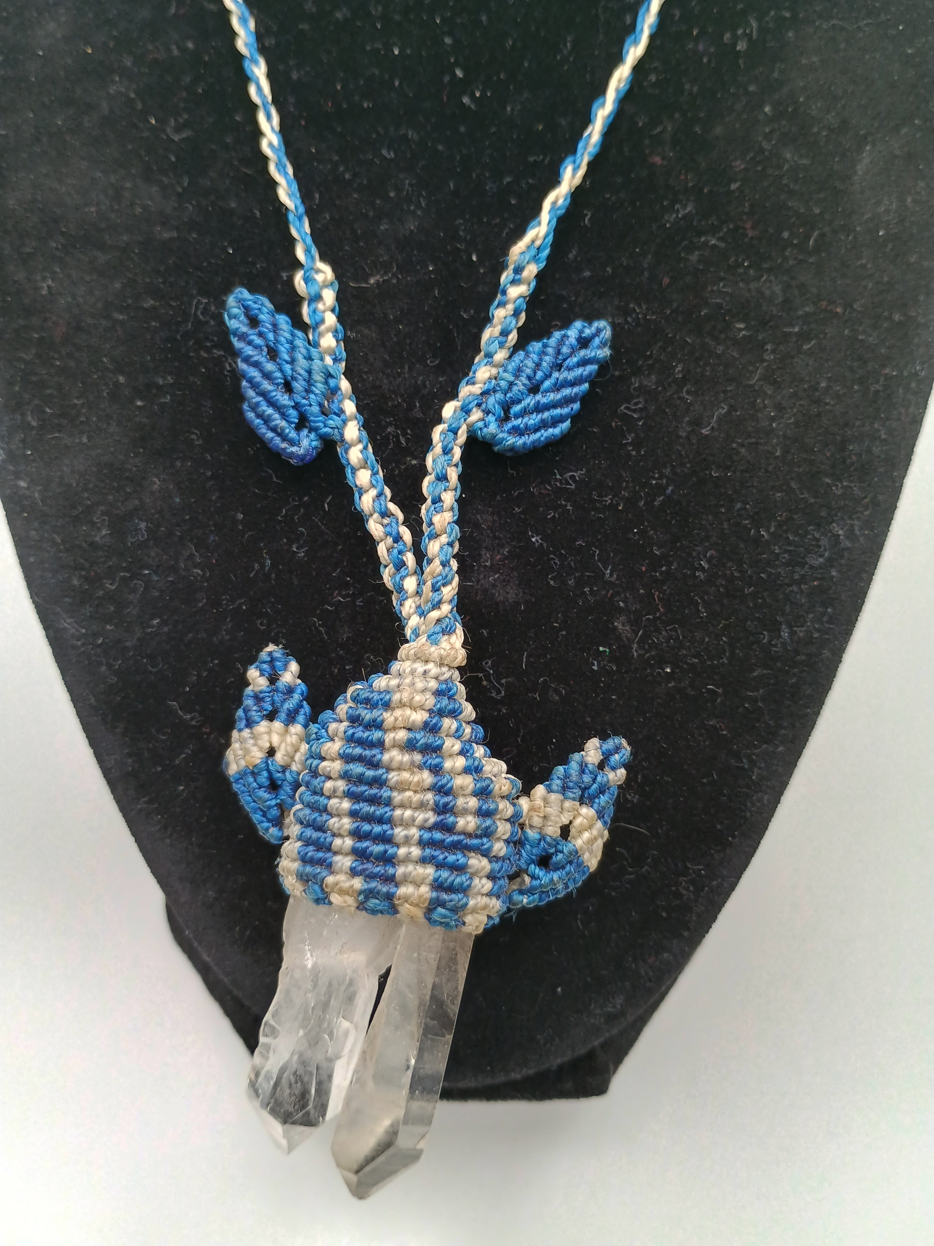 Handmade Macrame Necklace with Natural Quartz Crystal Pendant and Blue Woven Thread