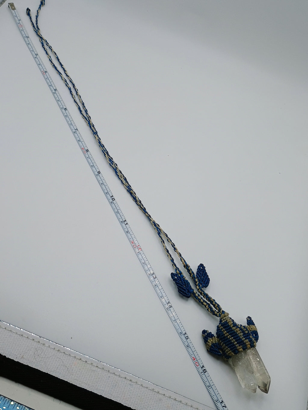 Handmade Macrame Necklace with Natural Quartz Crystal Pendant and Blue Woven Thread