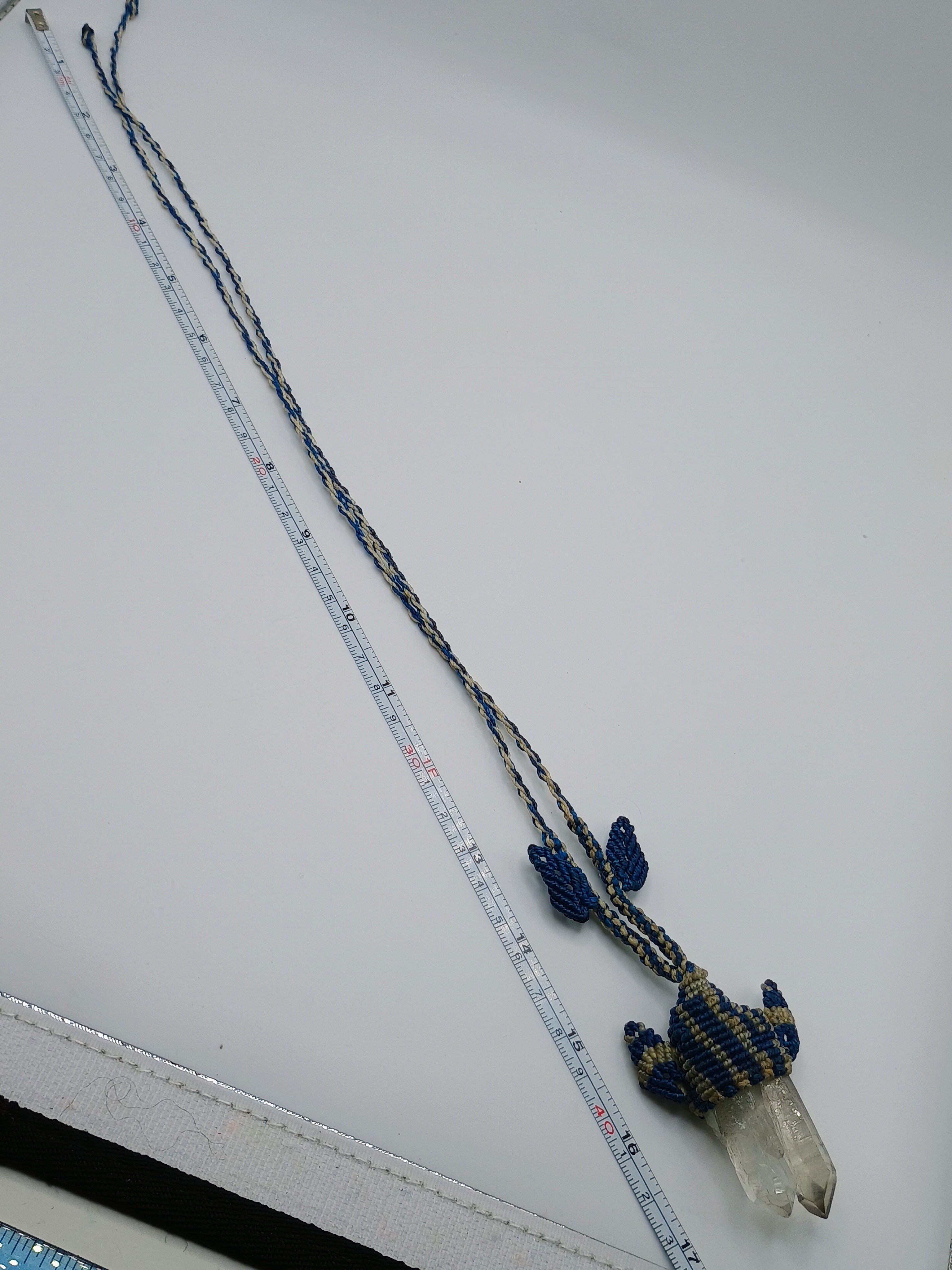 Handmade Macrame Necklace with Natural Quartz Crystal Pendant and Blue Woven Thread