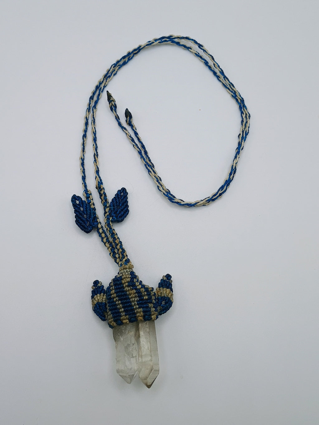 Handmade Macrame Necklace with Natural Quartz Crystal Pendant and Blue Woven Thread