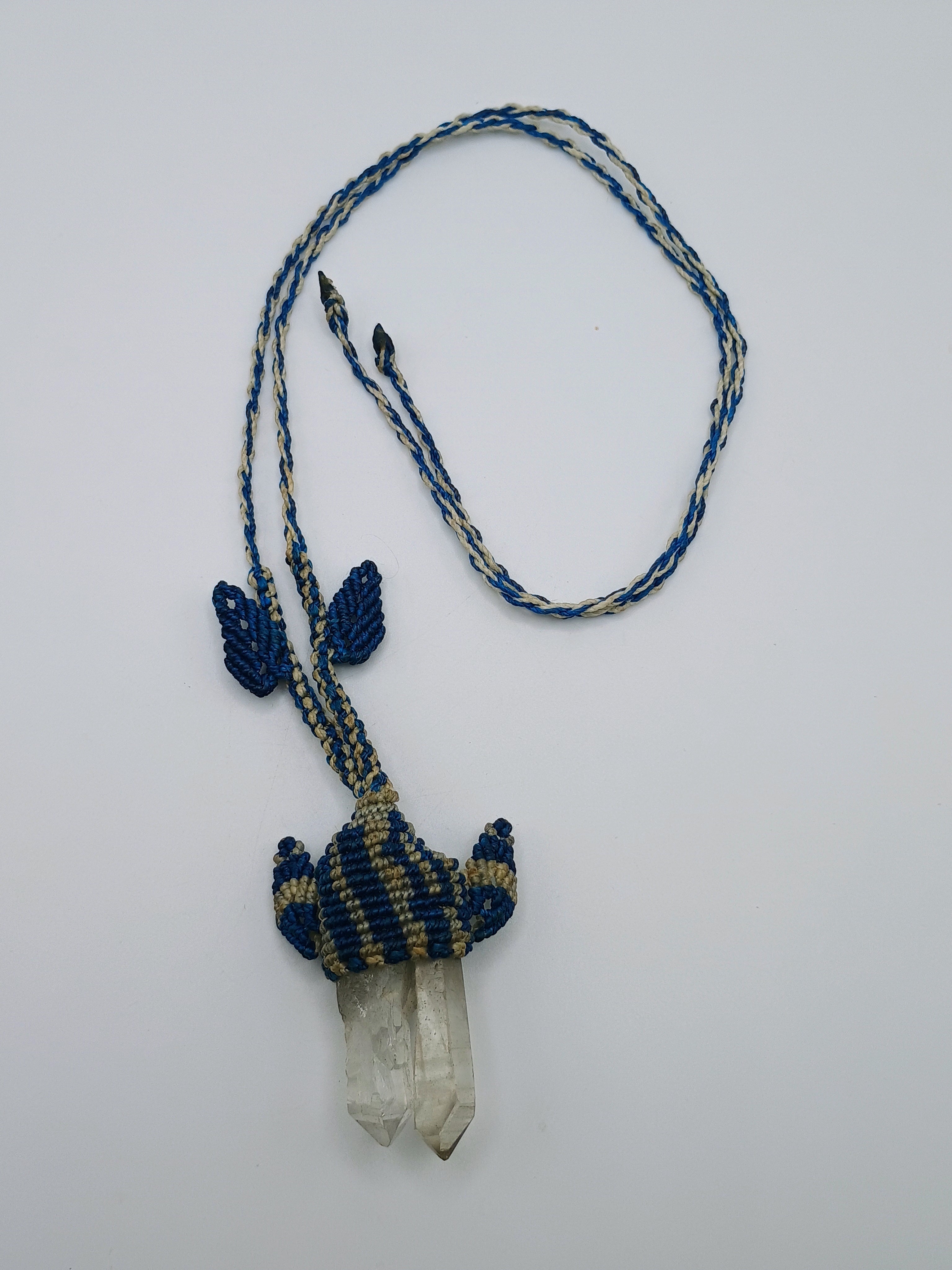 Handmade Macrame Necklace with Natural Quartz Crystal Pendant and Blue Woven Thread