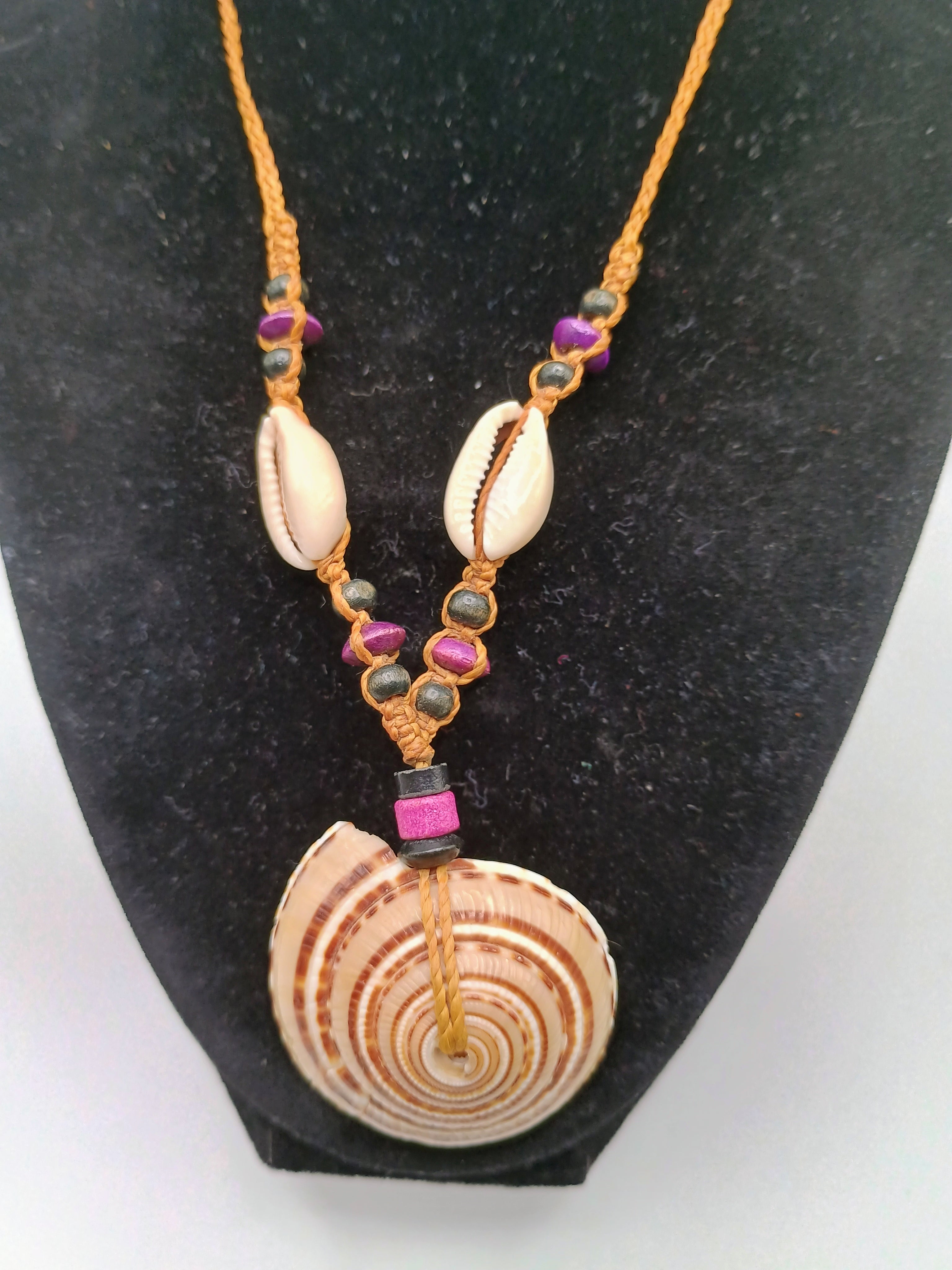 Handmade Macrame Necklace, Large Spiral Snail, Peruvian Craft