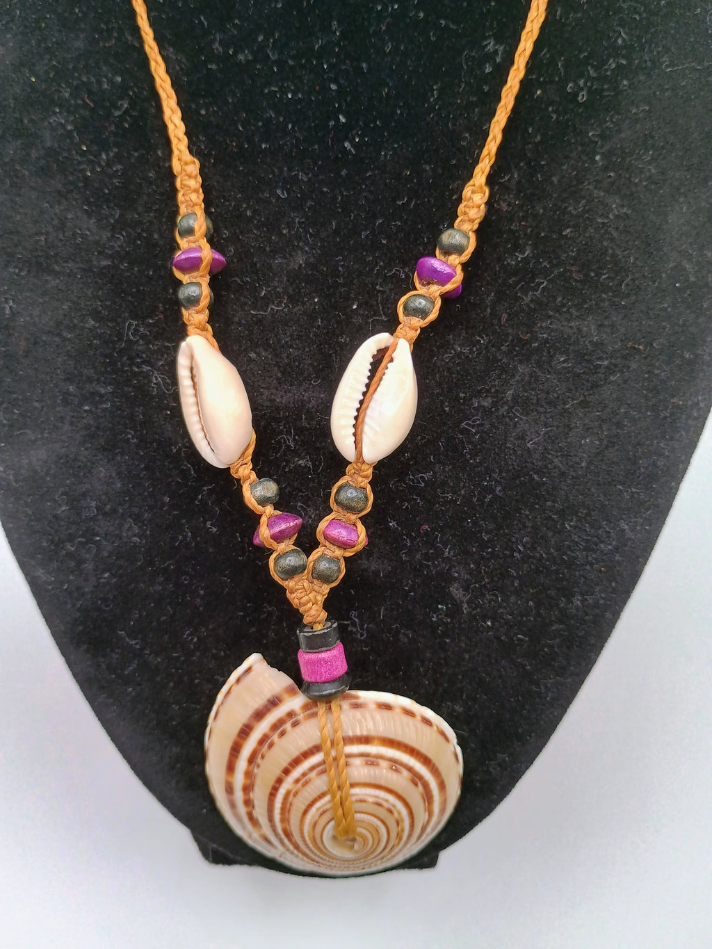 Handmade Macrame Necklace, Large Spiral Snail, Peruvian Craft