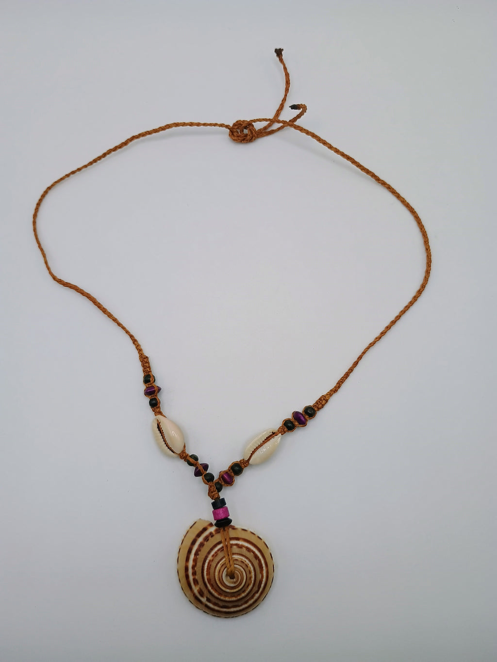 Handmade Macrame Necklace, Large Spiral Snail, Peruvian Craft