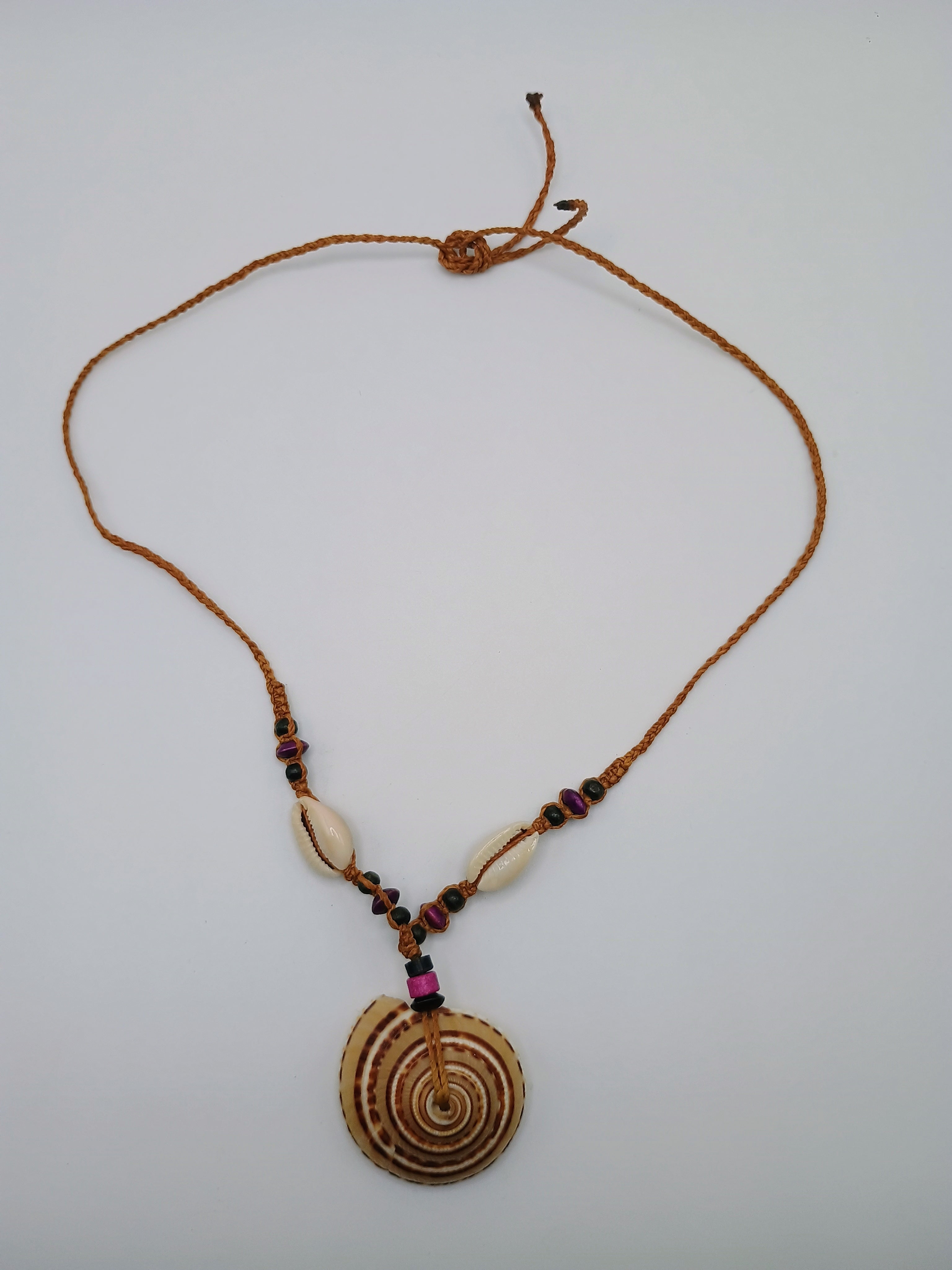 Handmade Macrame Necklace, Large Spiral Snail, Peruvian Craft