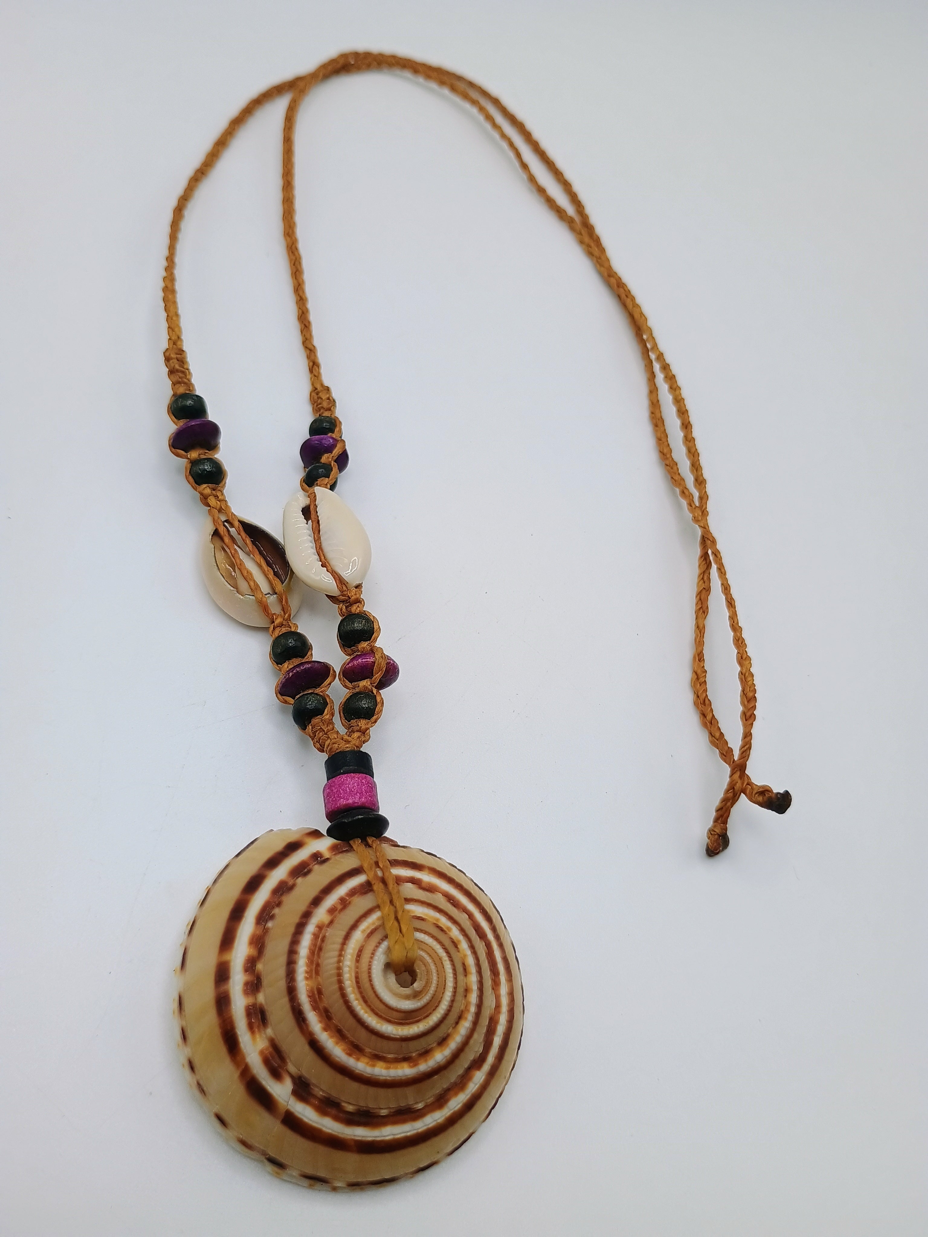 Handmade Macrame Necklace, Large Spiral Snail, Peruvian Craft