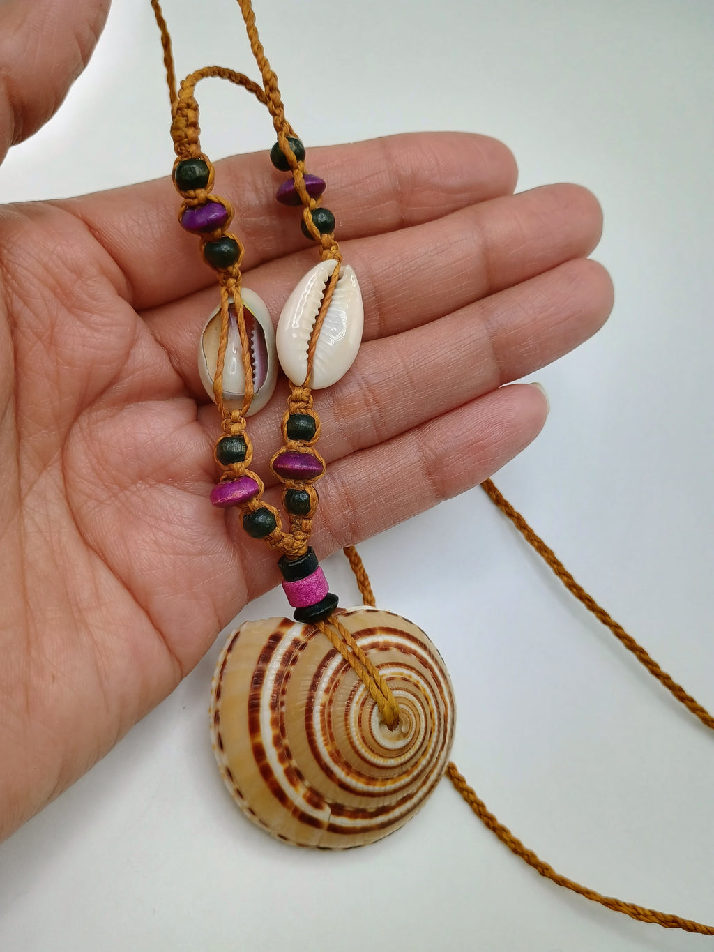 Handmade Macrame Necklace, Large Spiral Snail, Peruvian Craft