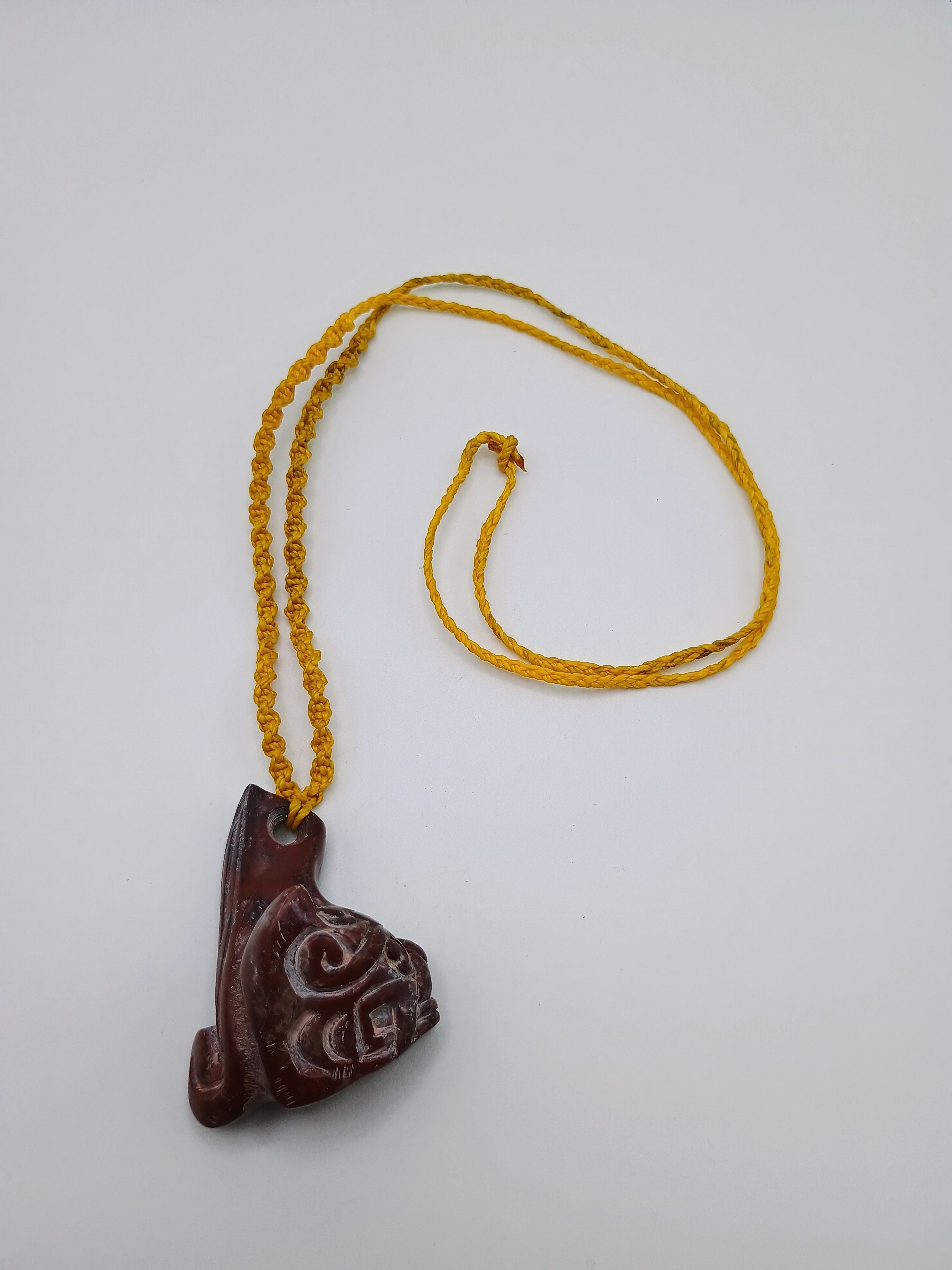 Chavín Clava Head Necklace, Hand-Carved Natural Stone, Macrame Weaving