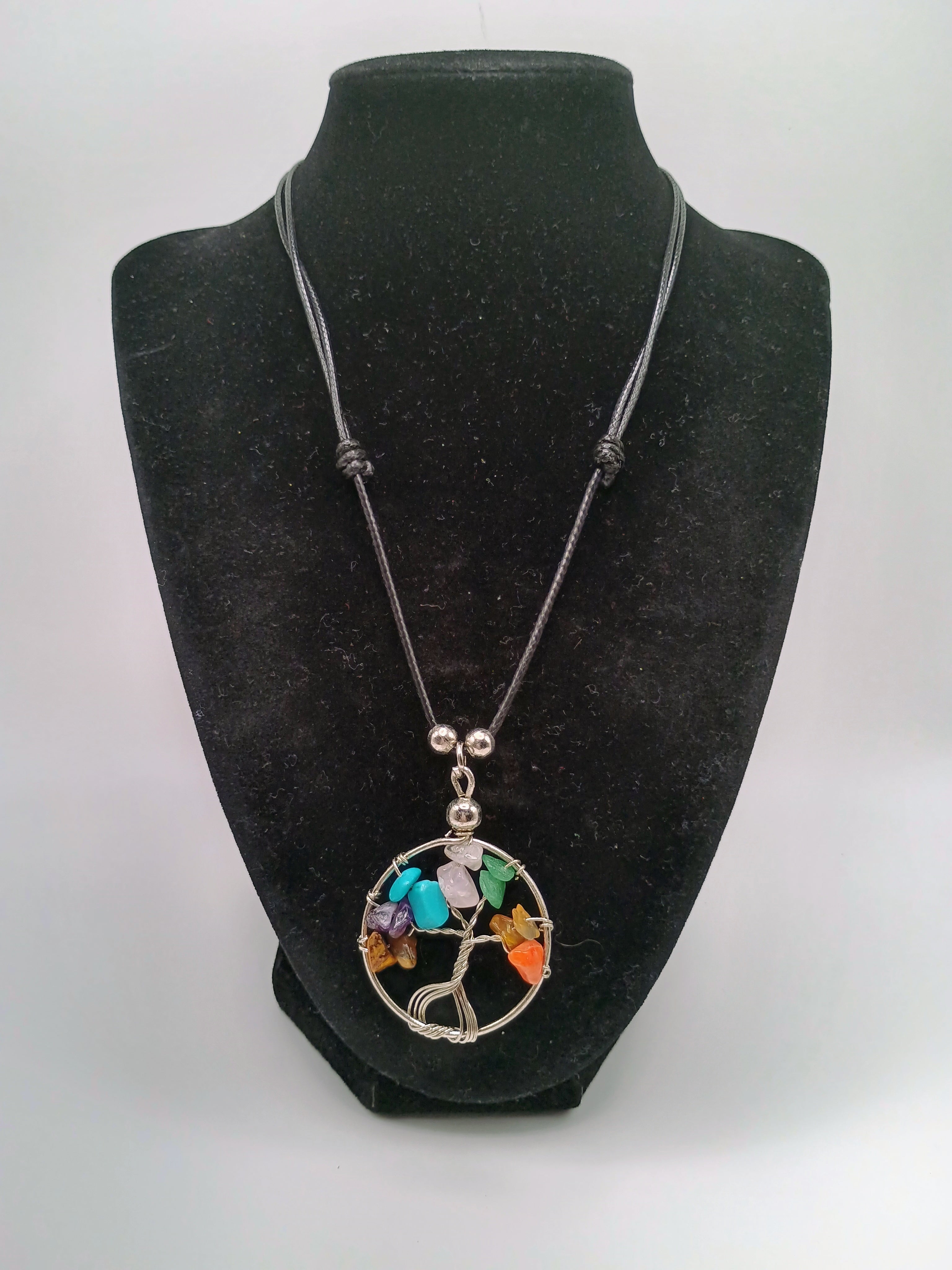 Tree of Life Necklace with 7 Chakras, Handmade with Natural Stone and Adjustable Thread