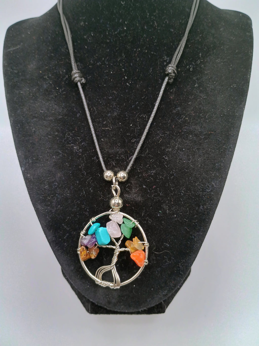 Tree of Life Necklace with 7 Chakras, Handmade with Natural Stone and Adjustable Thread